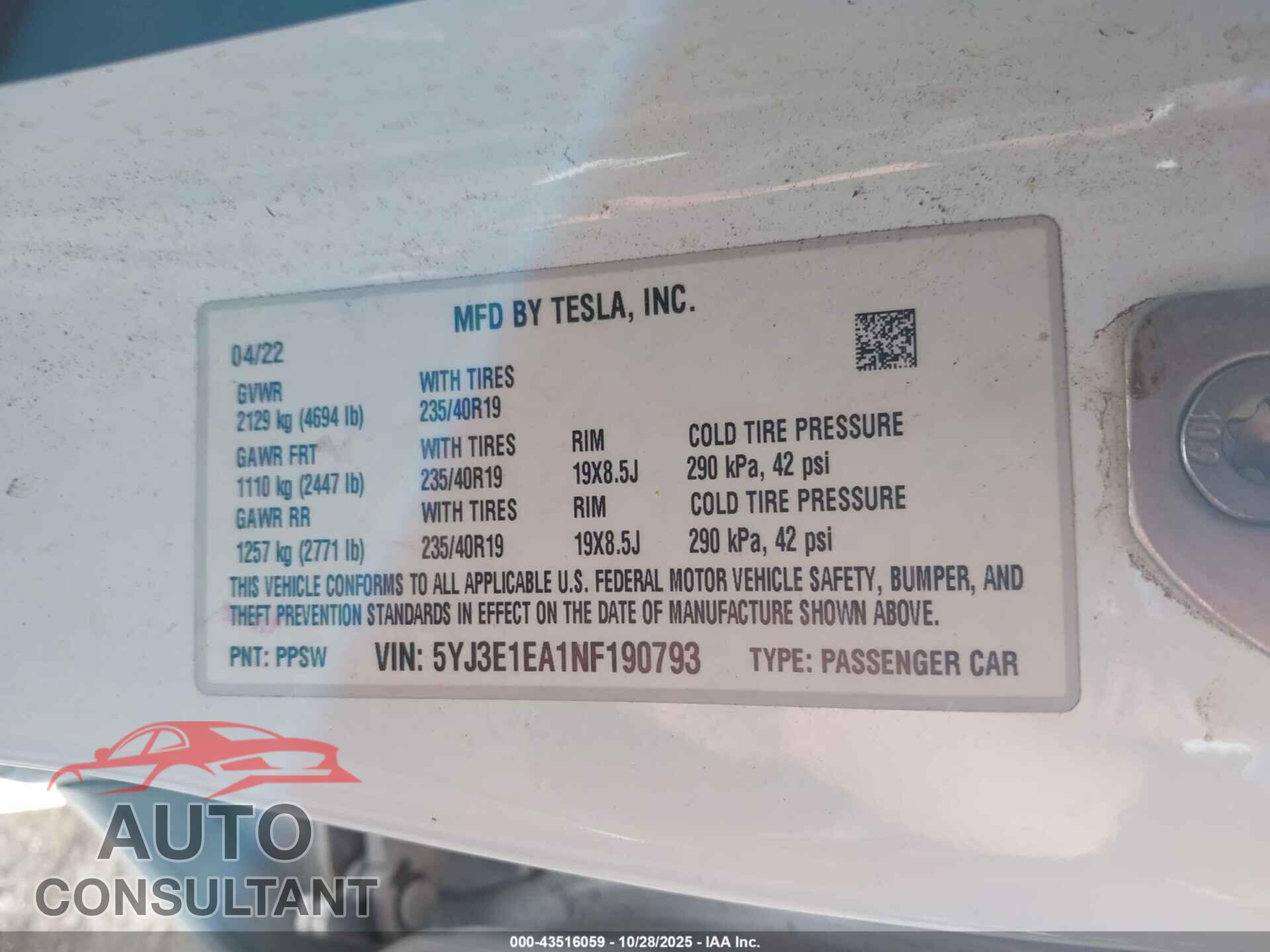 TESLA MODEL 3 2022 - 5YJ3E1EA1NF190793