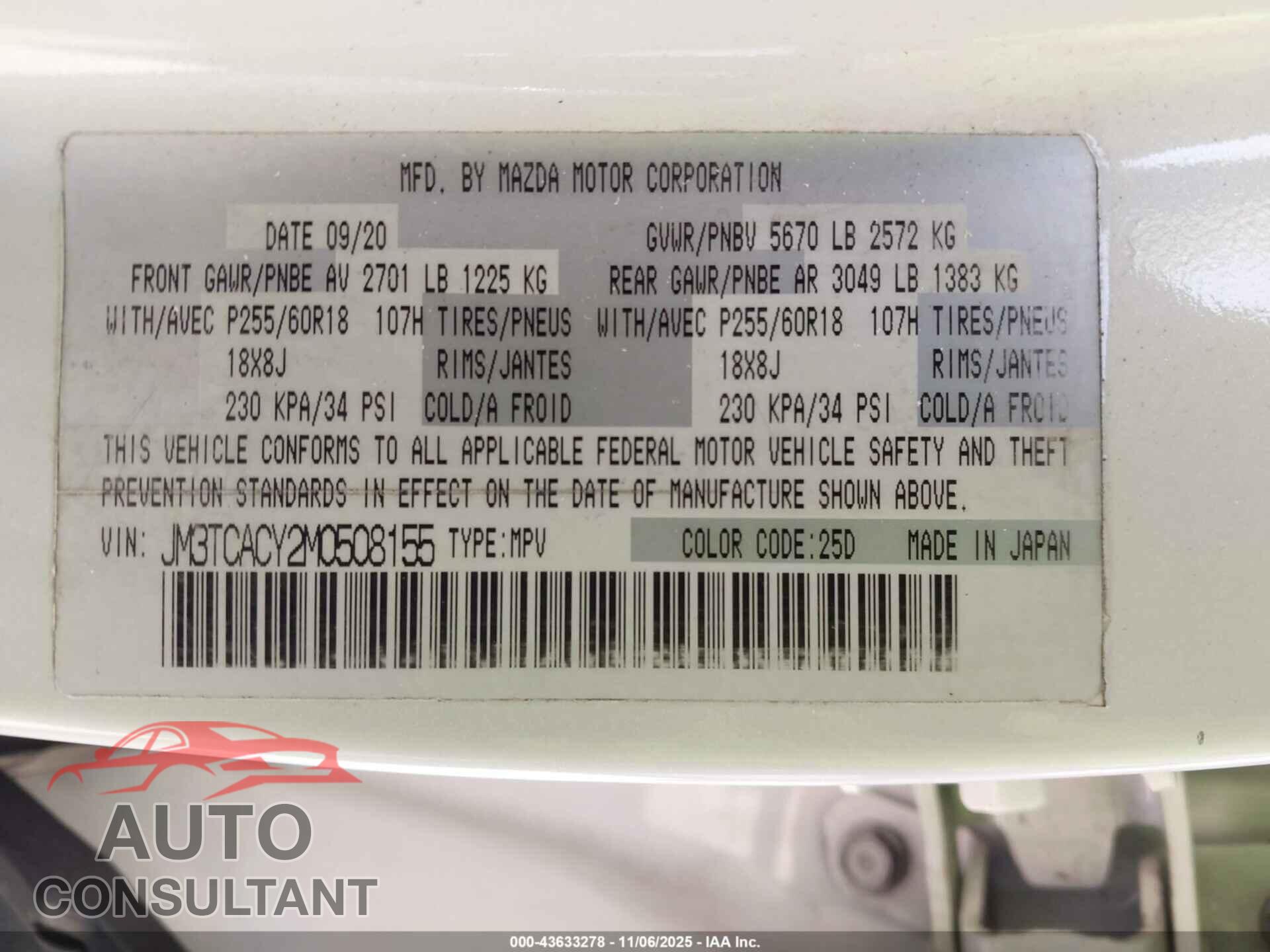 MAZDA CX-9 2021 - JM3TCACY2M0508155