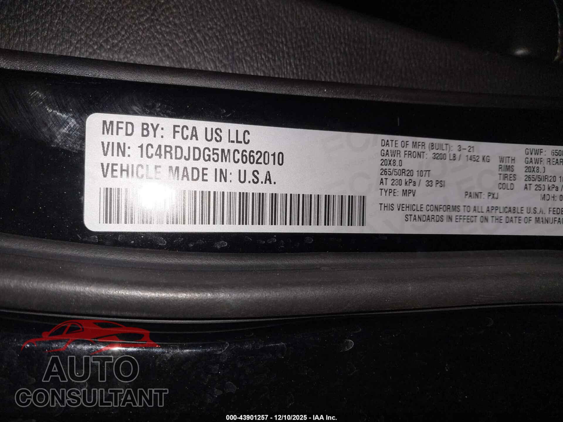 DODGE DURANGO 2021 - 1C4RDJDG5MC662010