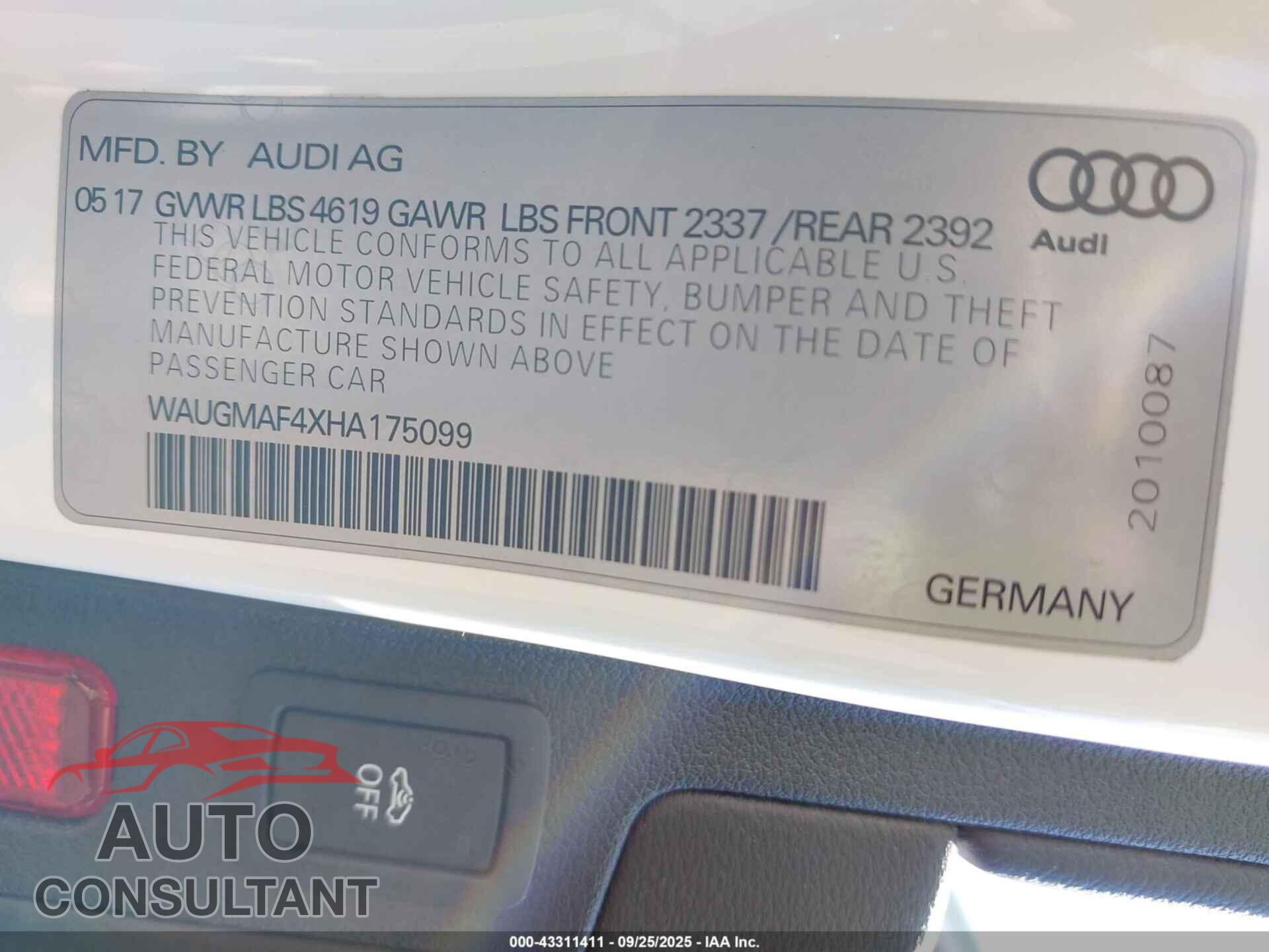 AUDI A4 2017 - WAUGMAF4XHA175099