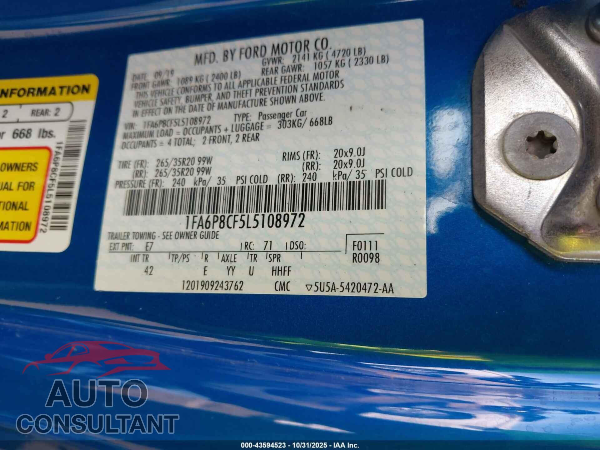 FORD MUSTANG 2020 - 1FA6P8CF5L5108972