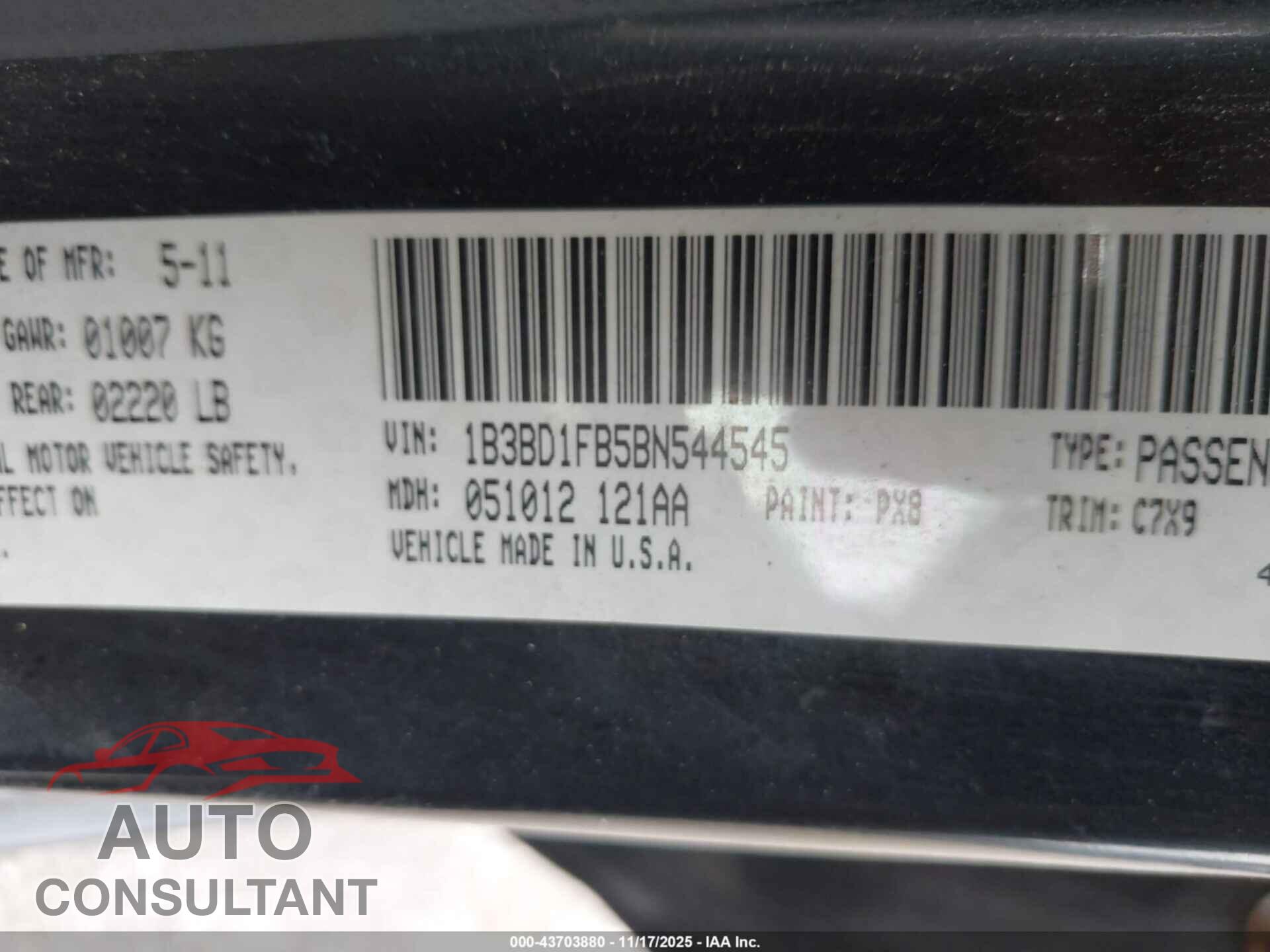 DODGE AVENGER 2011 - 1B3BD1FB5BN544545