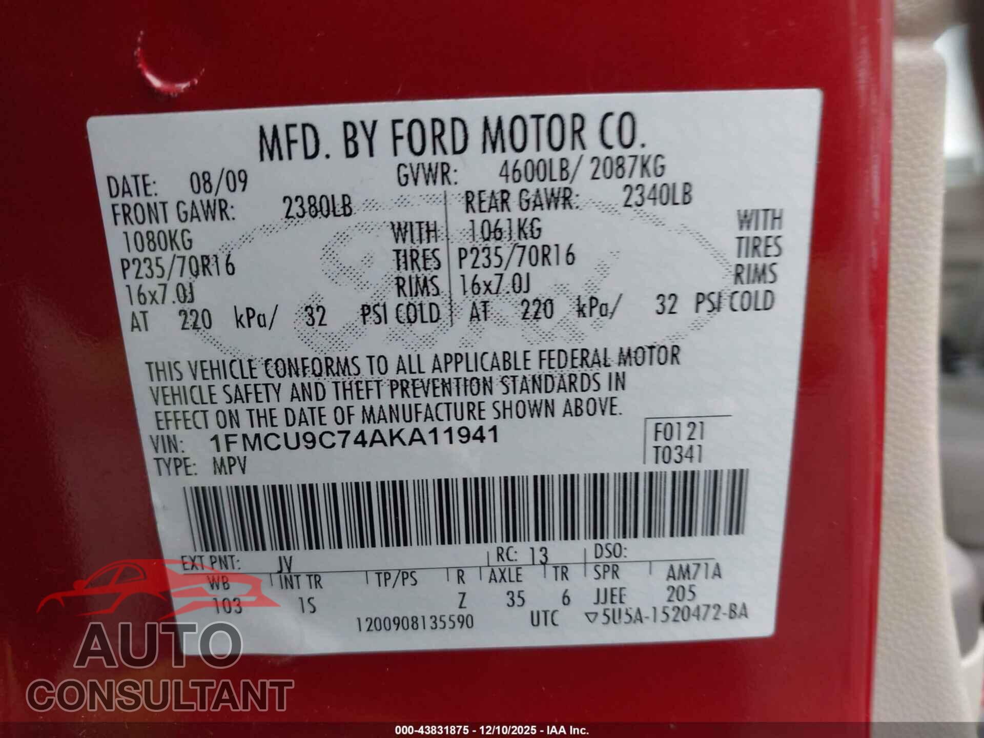 FORD ESCAPE 2010 - 1FMCU9C74AKA11941