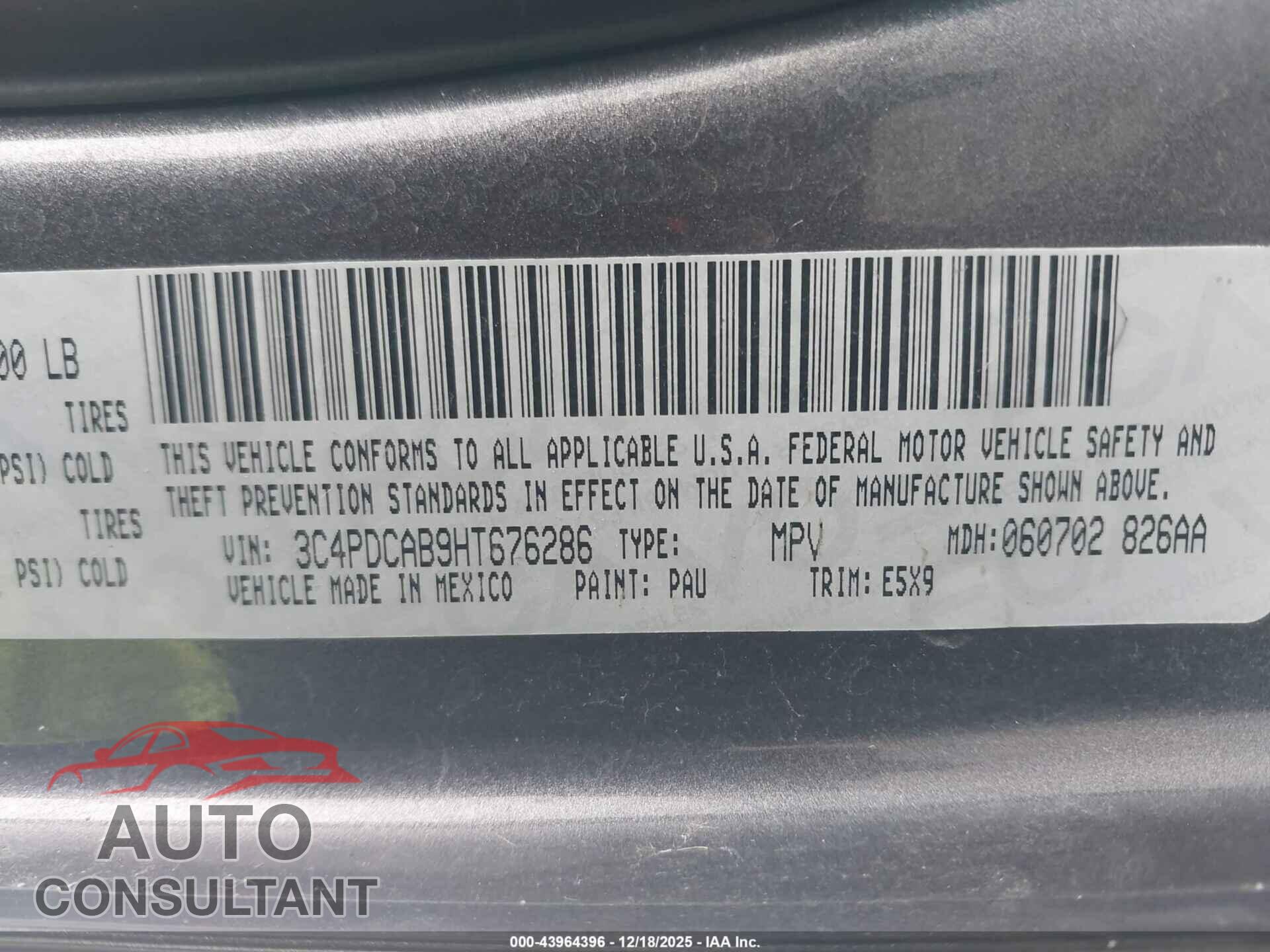 DODGE JOURNEY 2017 - 3C4PDCAB9HT676286