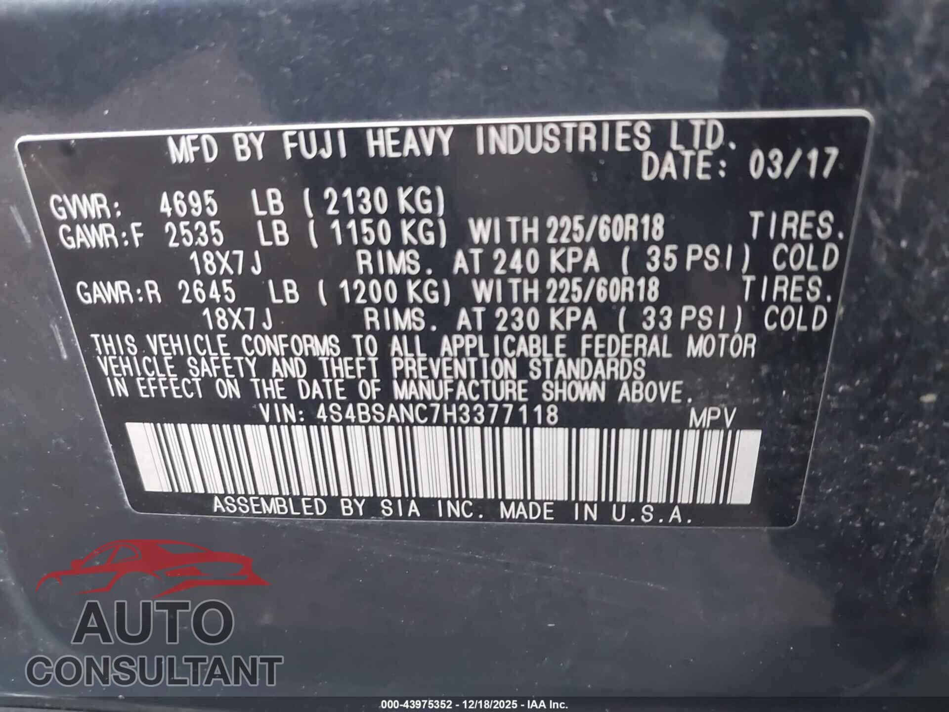 SUBARU OUTBACK 2017 - 4S4BSANC7H3377118