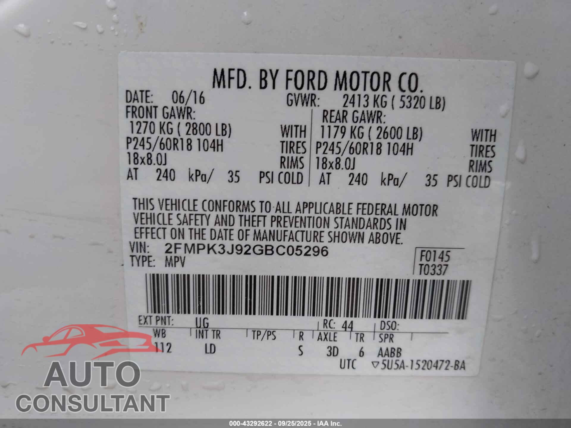 FORD EDGE 2016 - 2FMPK3J92GBC05296