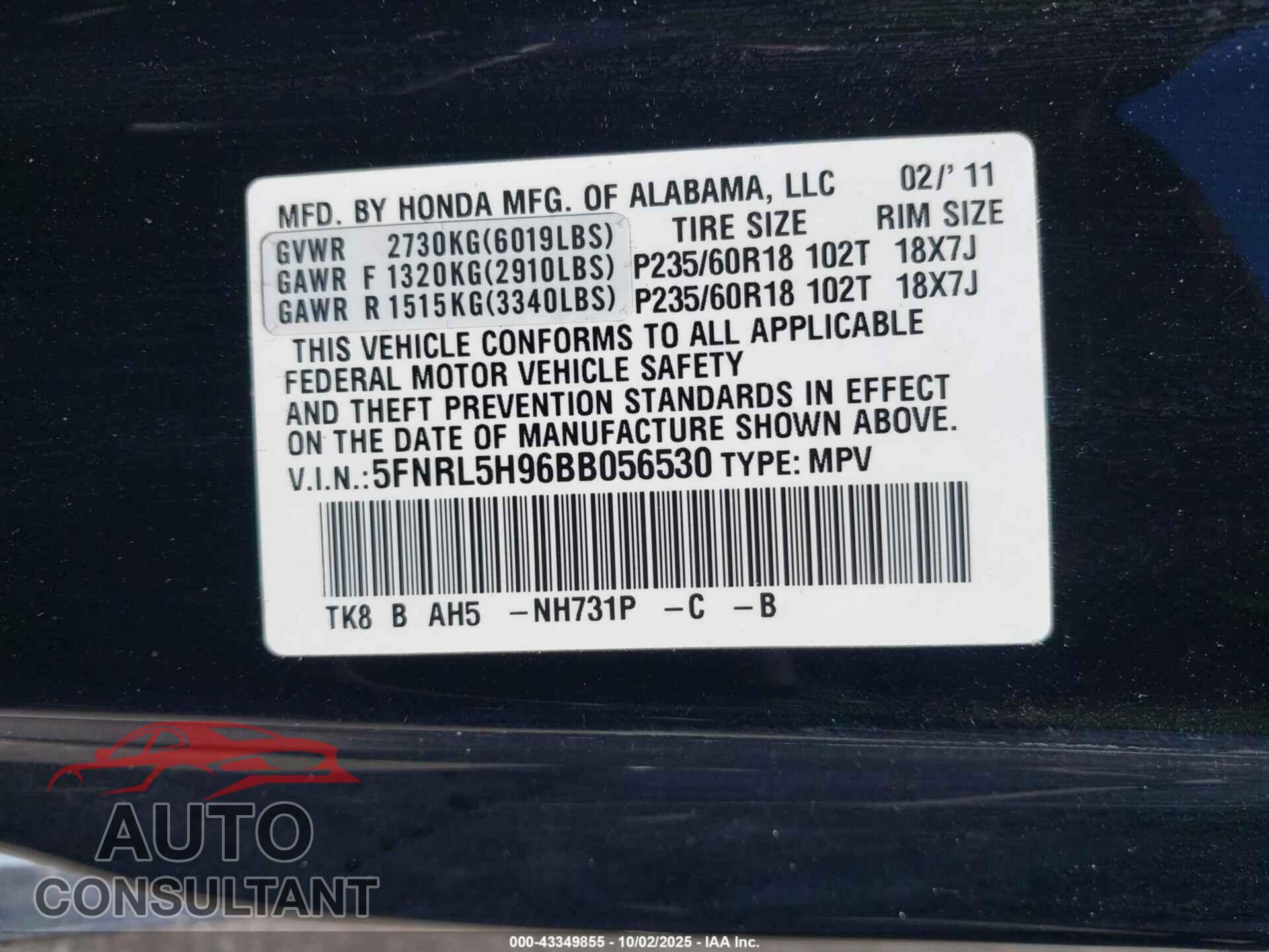 HONDA ODYSSEY 2011 - 5FNRL5H96BB056530