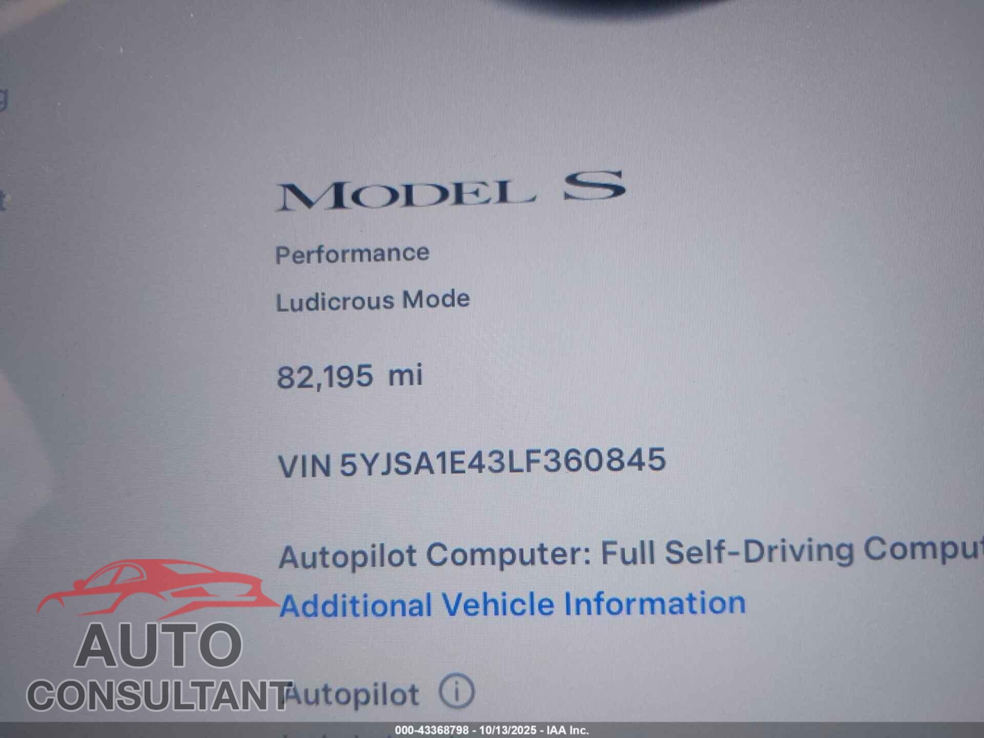 TESLA MODEL S 2020 - 5YJSA1E43LF360845