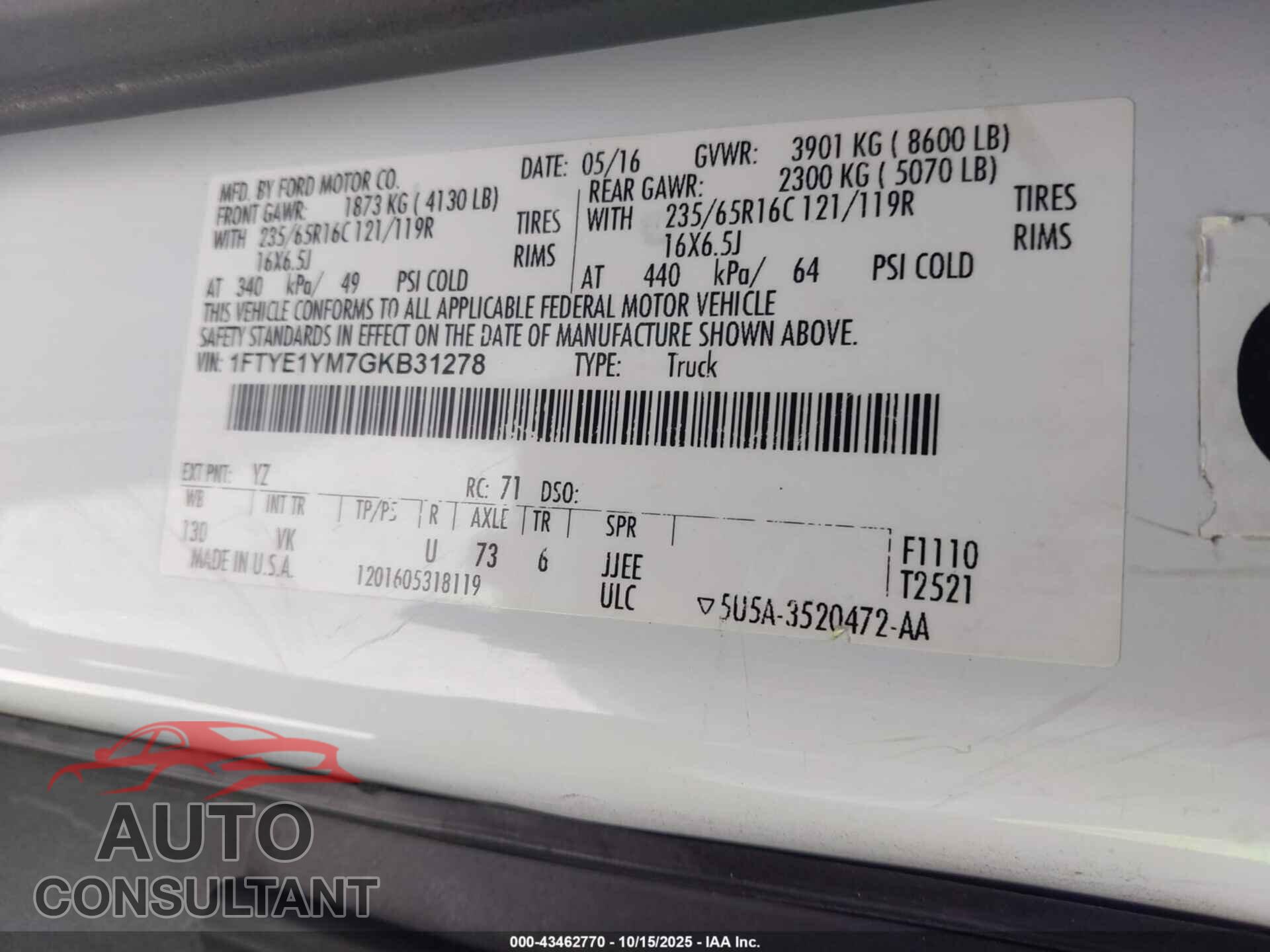 FORD TRANSIT-150 2016 - 1FTYE1YM7GKB31278