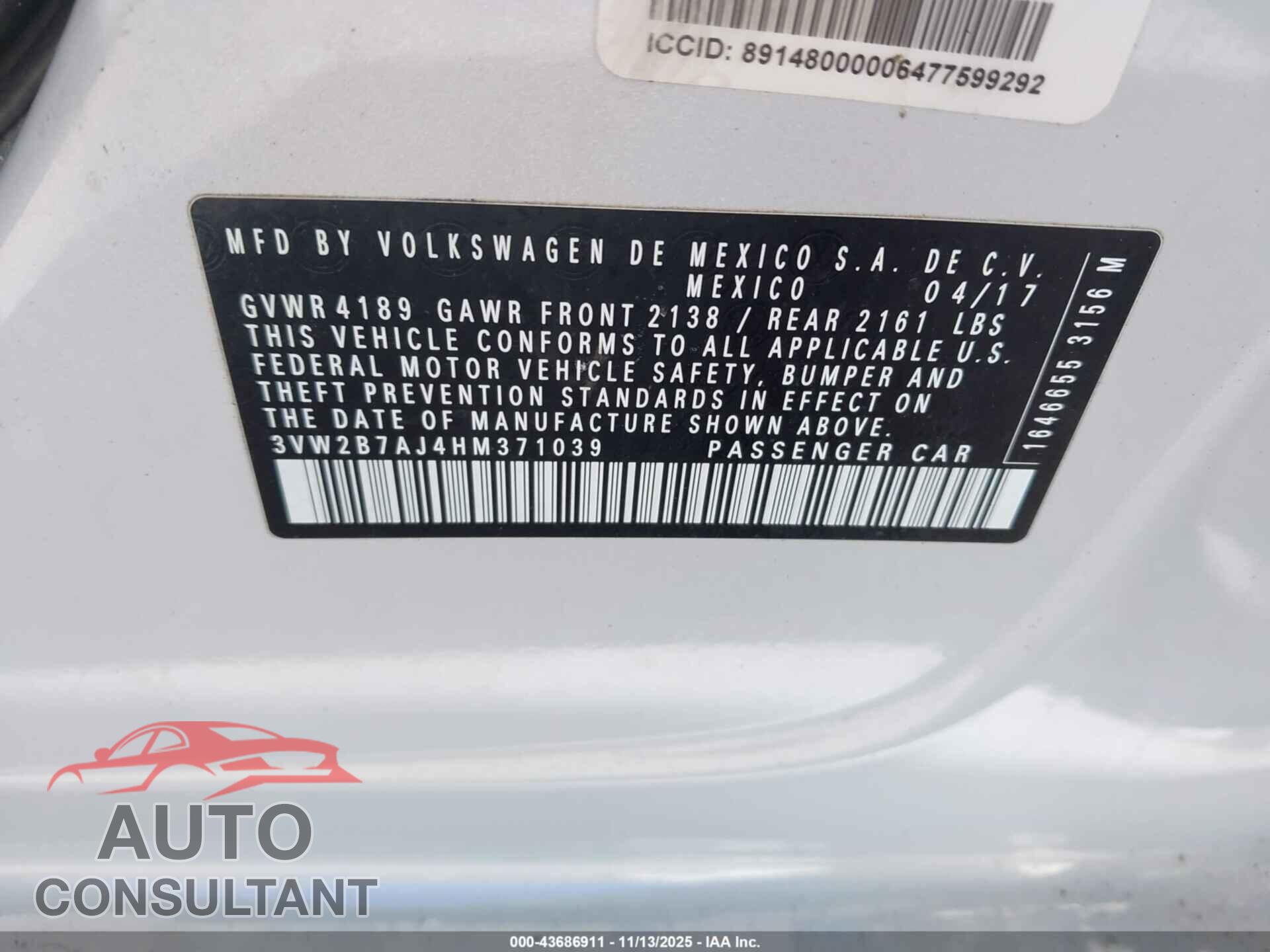 VOLKSWAGEN JETTA 2017 - 3VW2B7AJ4HM371039