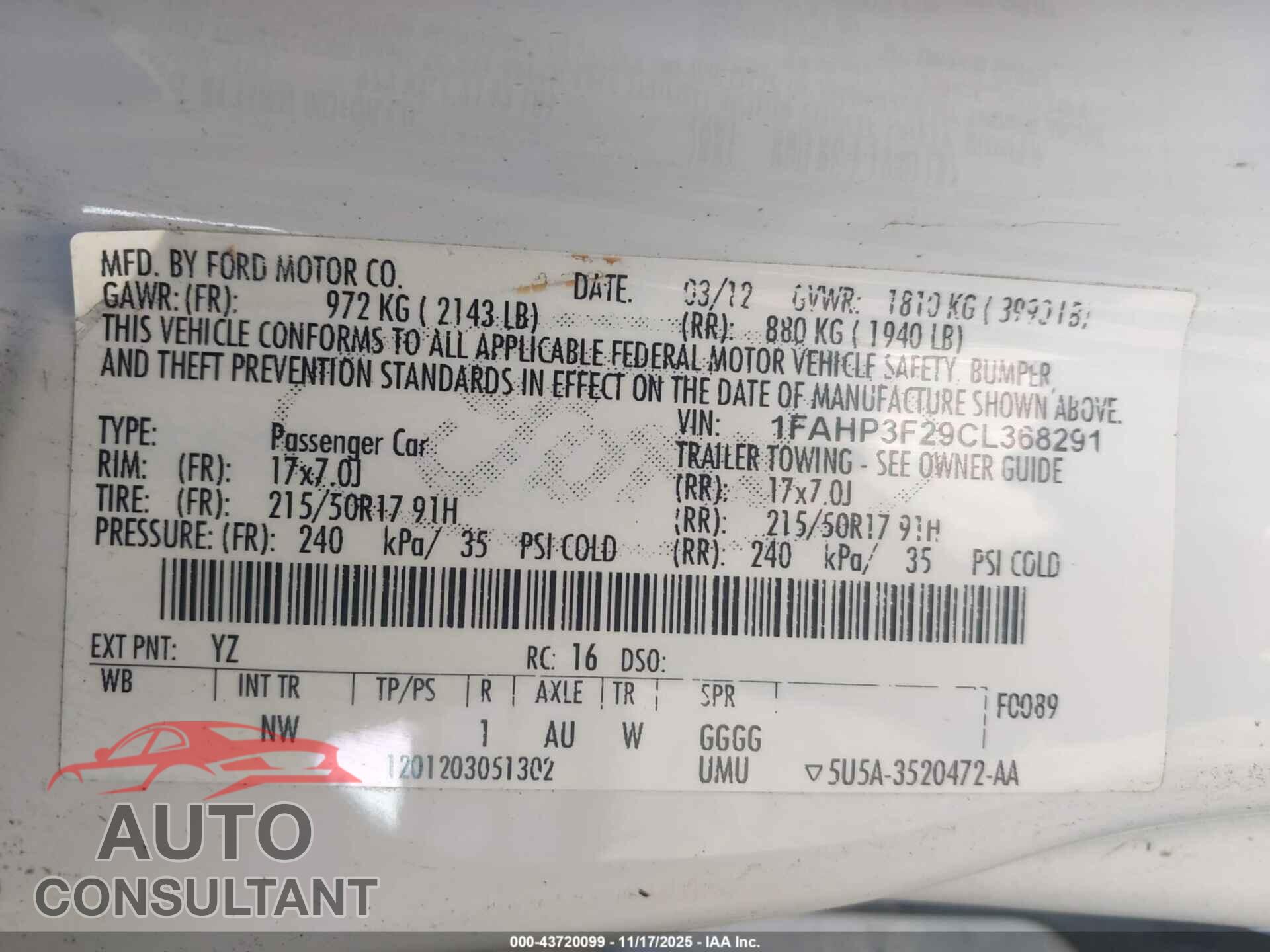 FORD FOCUS 2012 - 1FAHP3F29CL368291