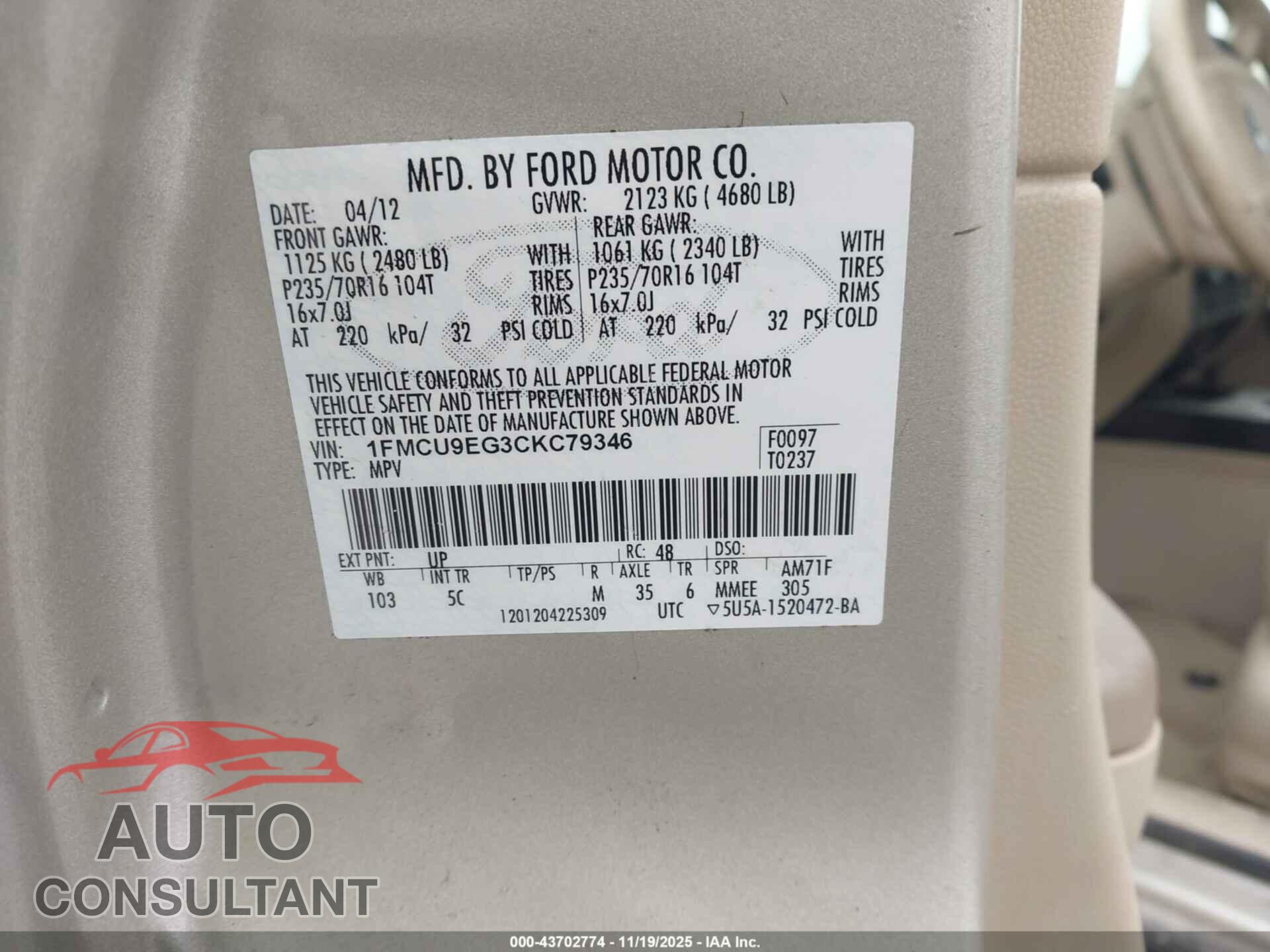 FORD ESCAPE 2012 - 1FMCU9EG3CKC79346