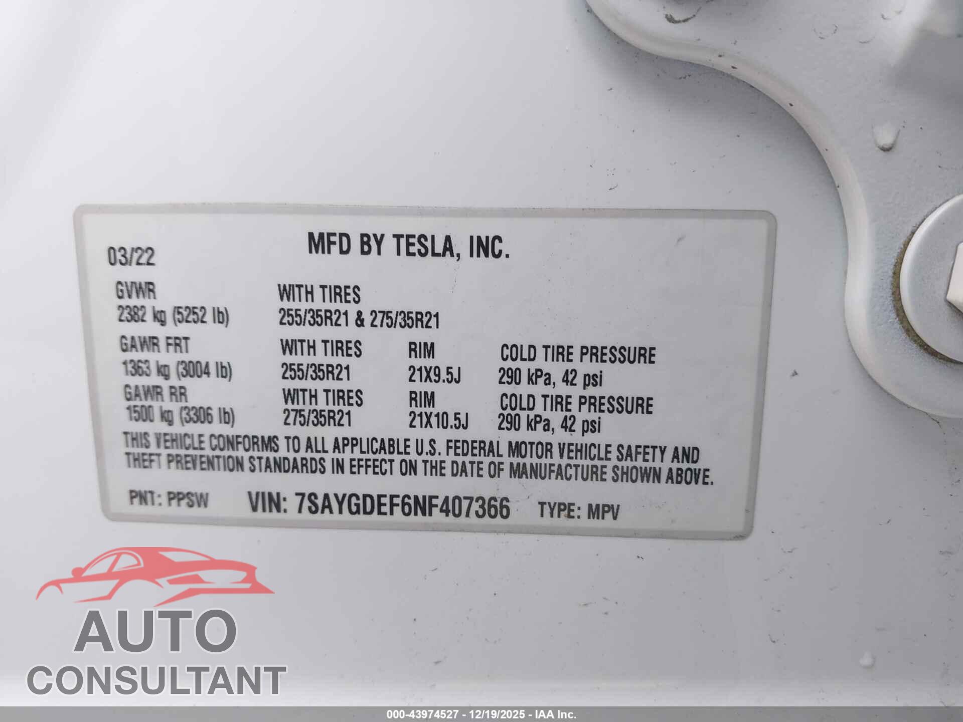 TESLA MODEL Y 2022 - 7SAYGDEF6NF407366