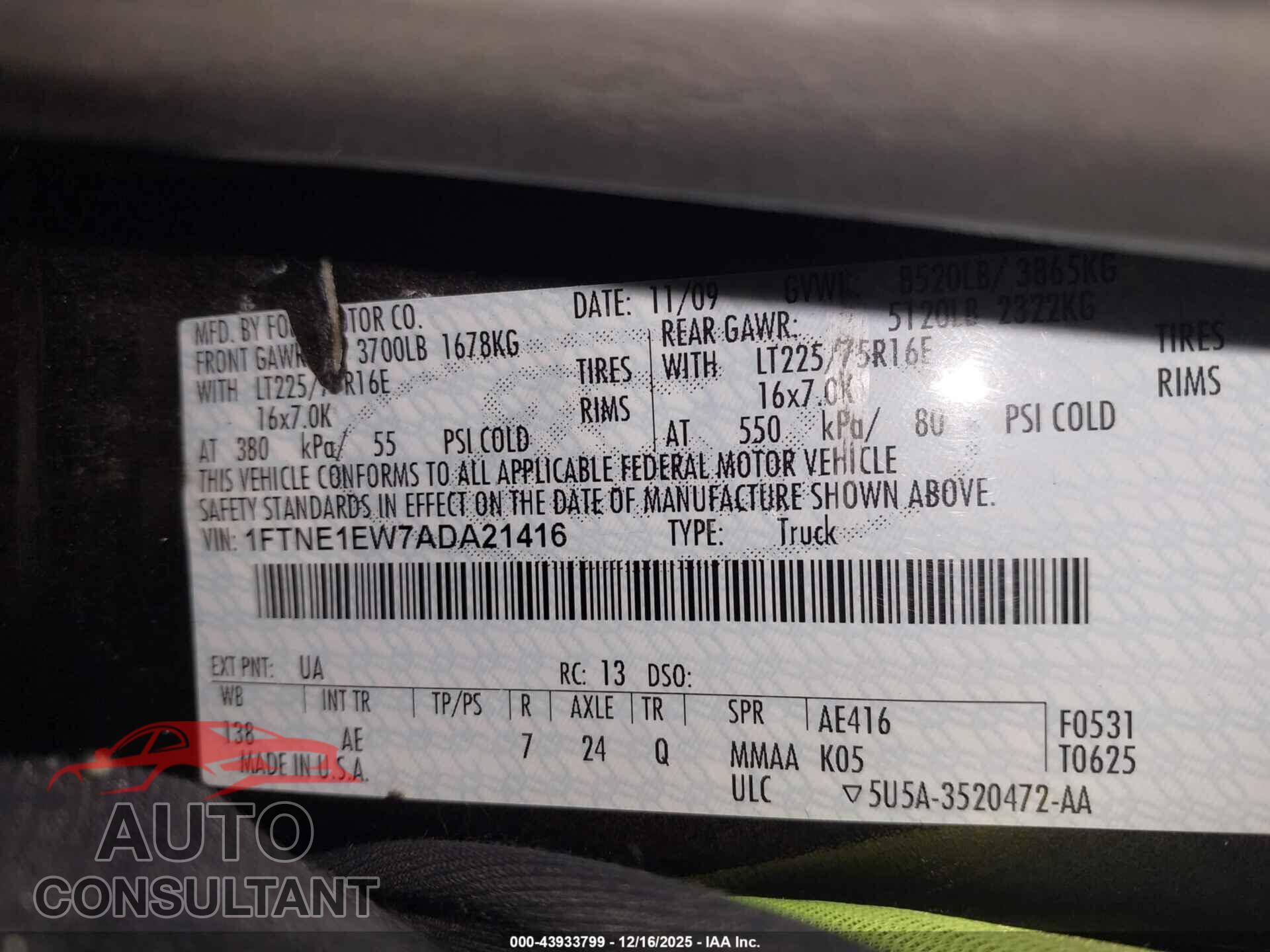 FORD E-150 2010 - 1FTNE1EW7ADA21416
