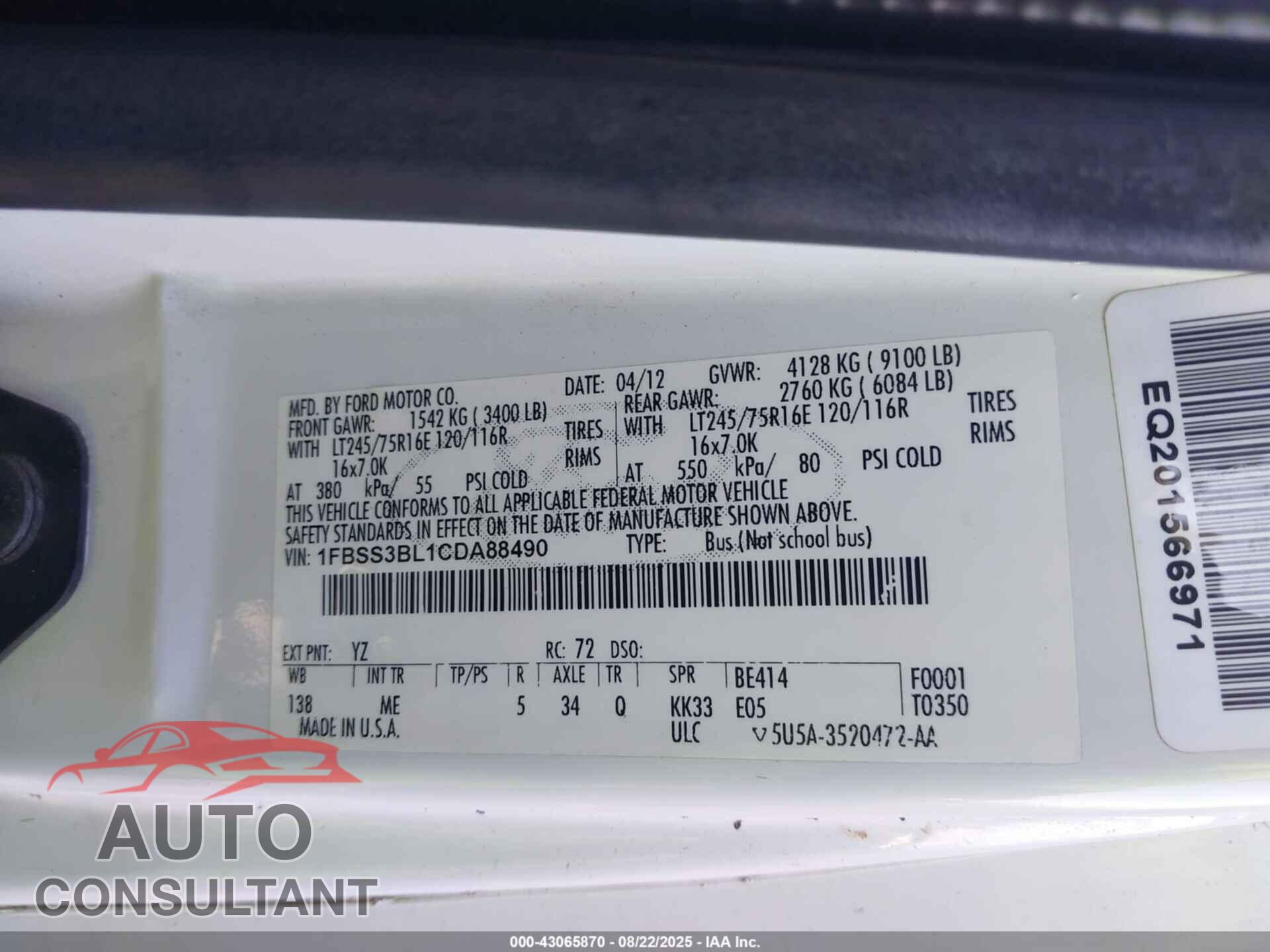 FORD E-350 SUPER DUTY 2012 - 1FBSS3BL1CDA88490