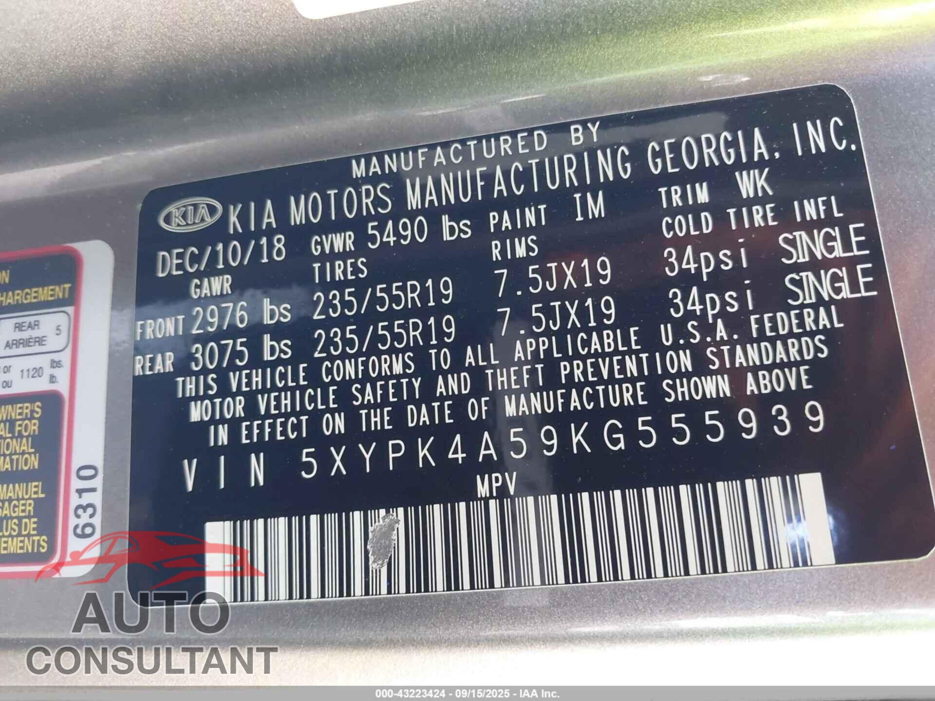 KIA SORENTO 2019 - 5XYPK4A59KG555939