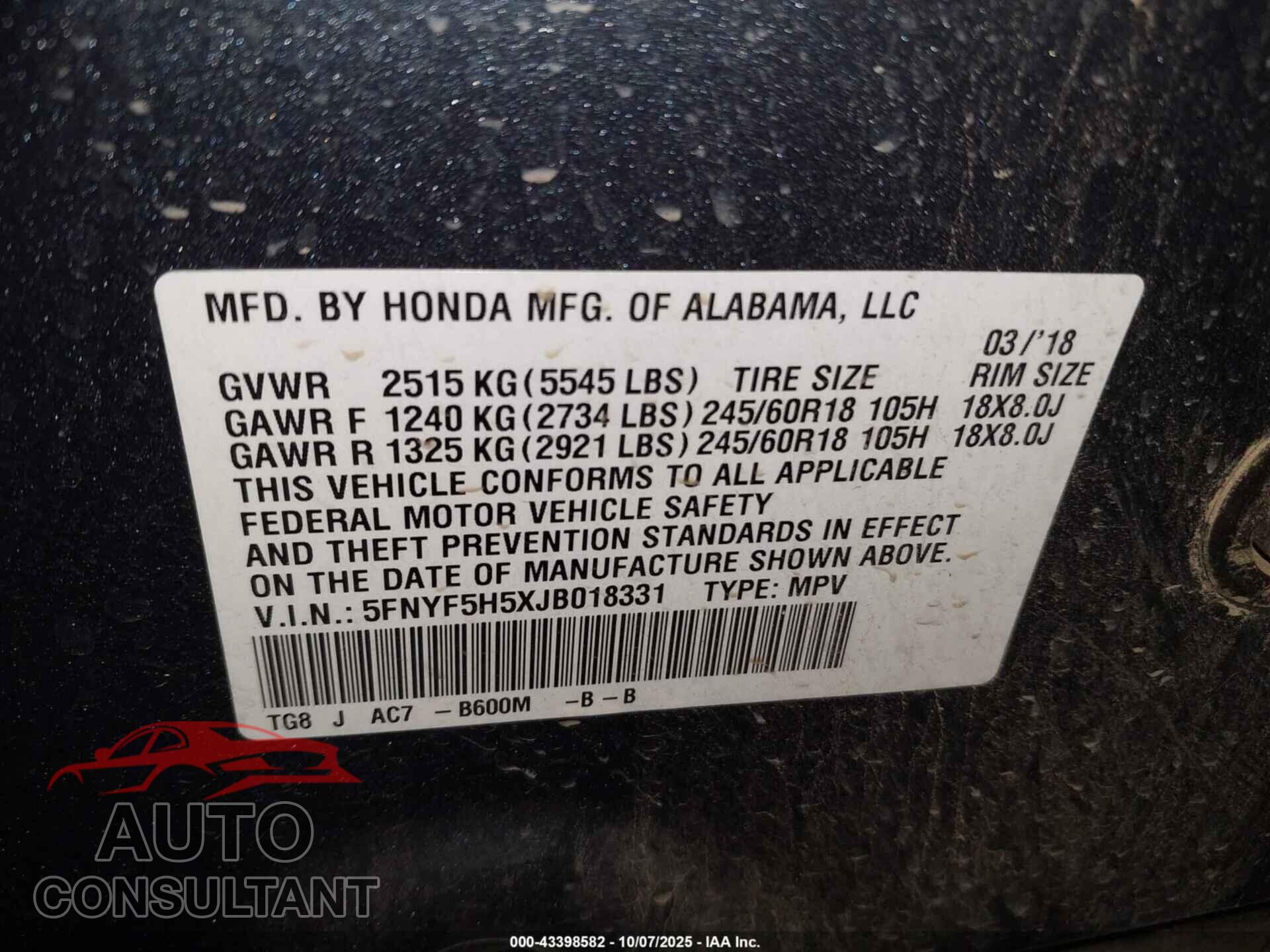 HONDA PILOT 2018 - 5FNYF5H5XJB018331