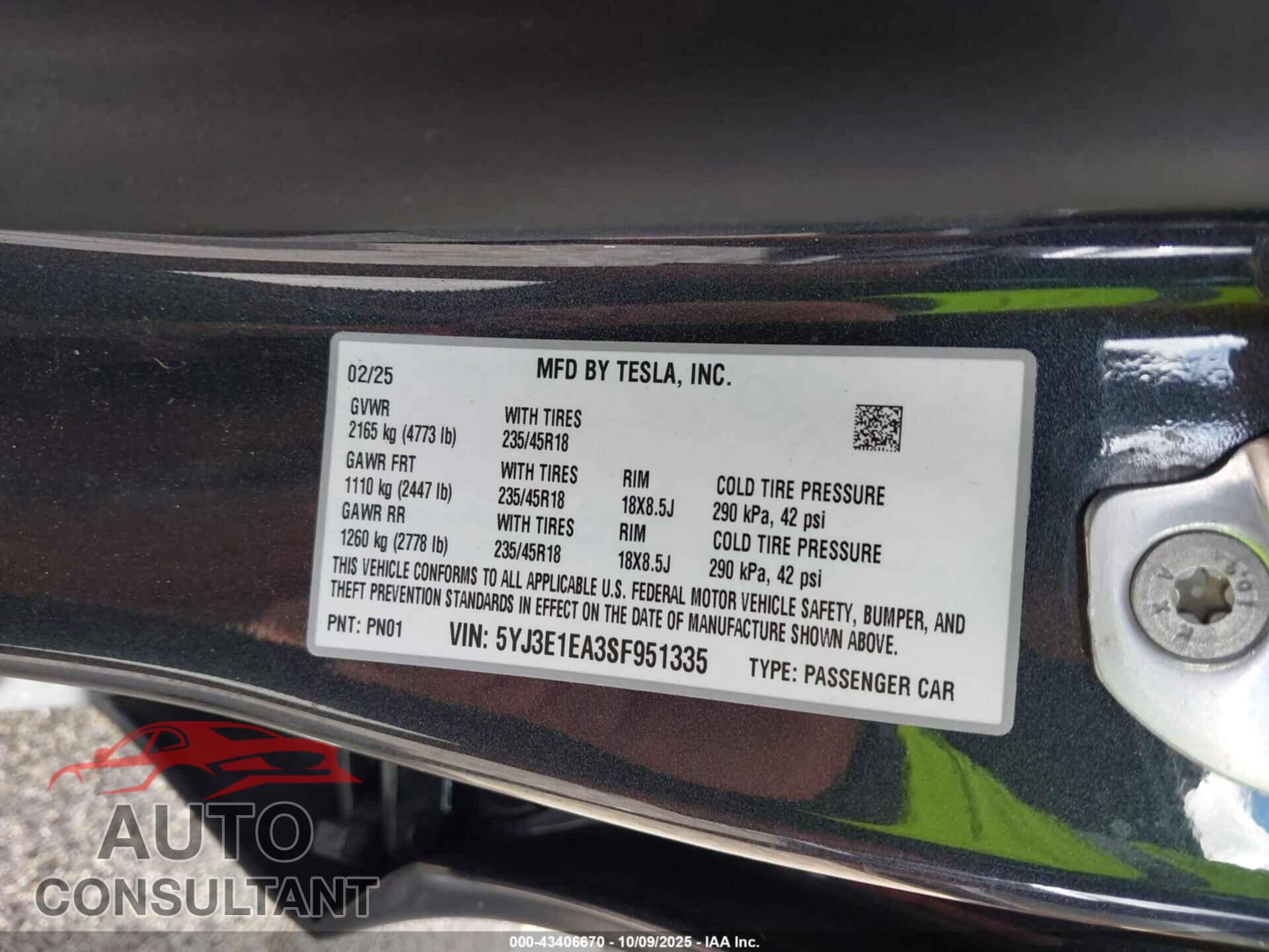 TESLA MODEL 3 2025 - 5YJ3E1EA3SF951335