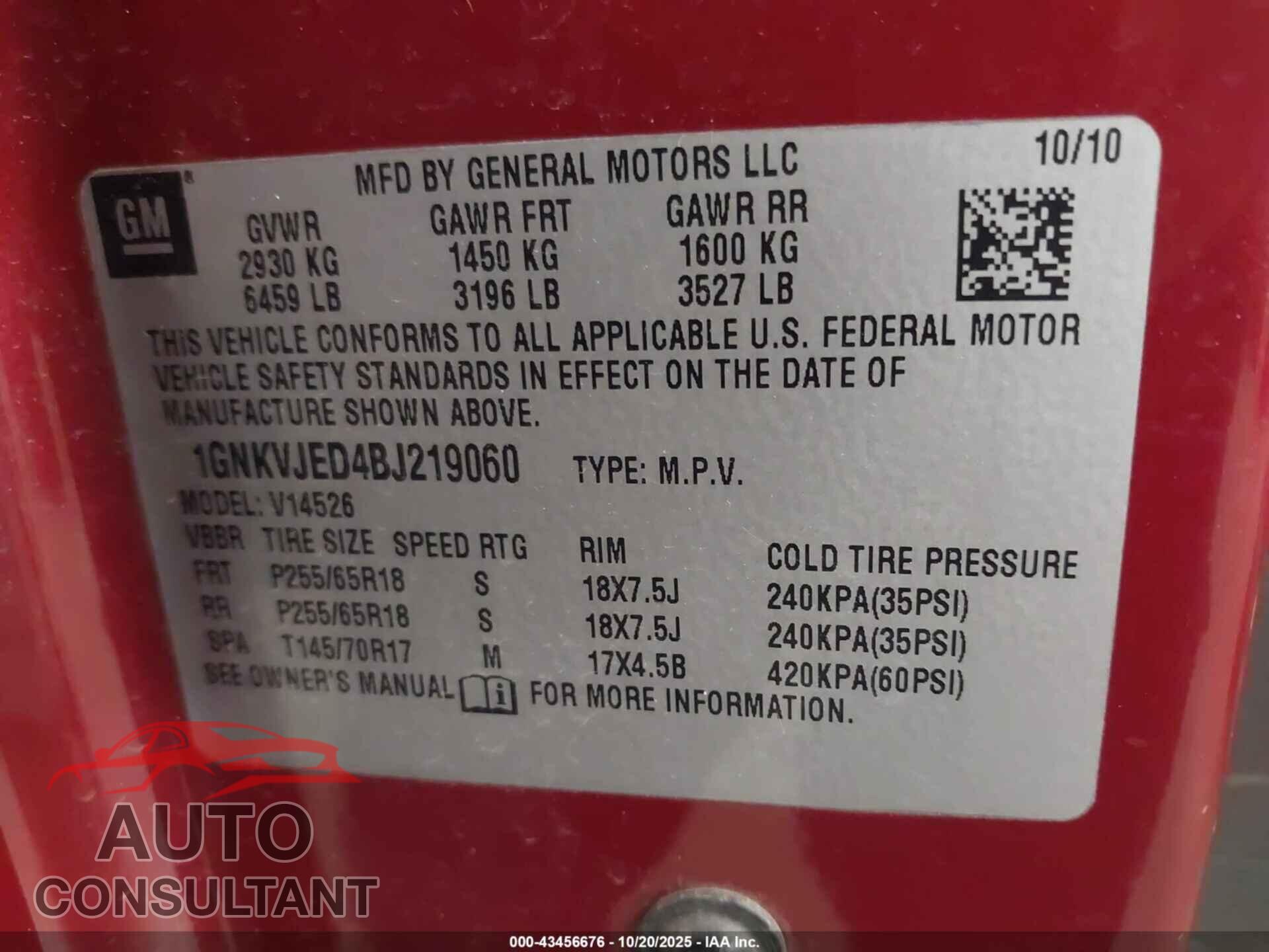 CHEVROLET TRAVERSE 2011 - 1GNKVJED4BJ219060