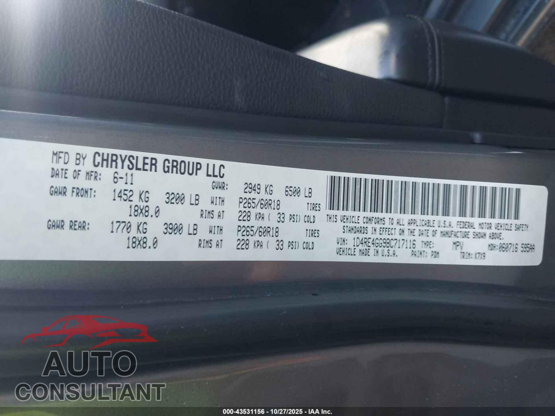 DODGE DURANGO 2011 - 1D4RE4GG9BC717116