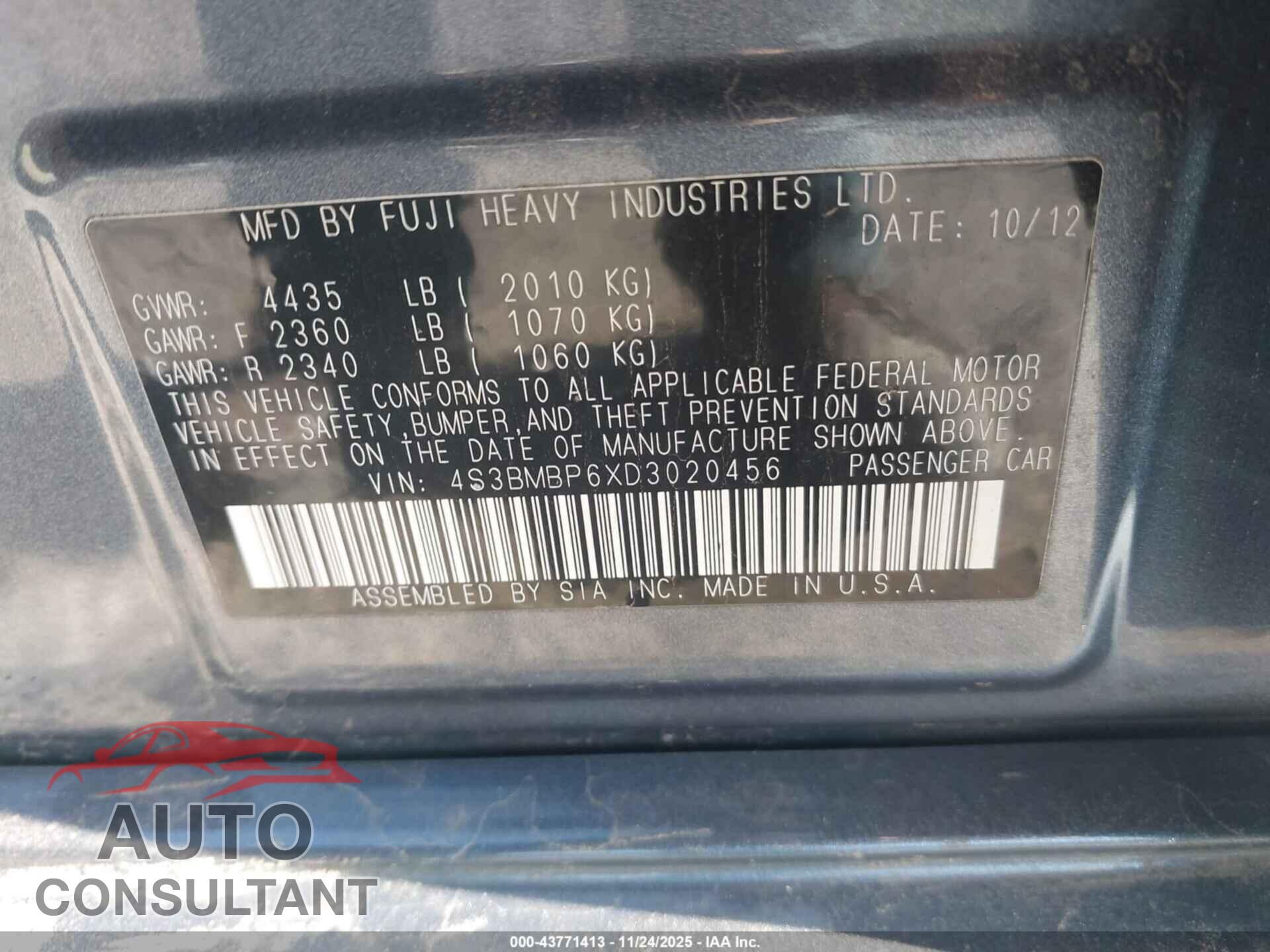 SUBARU LEGACY 2013 - 4S3BMBP6XD3020456