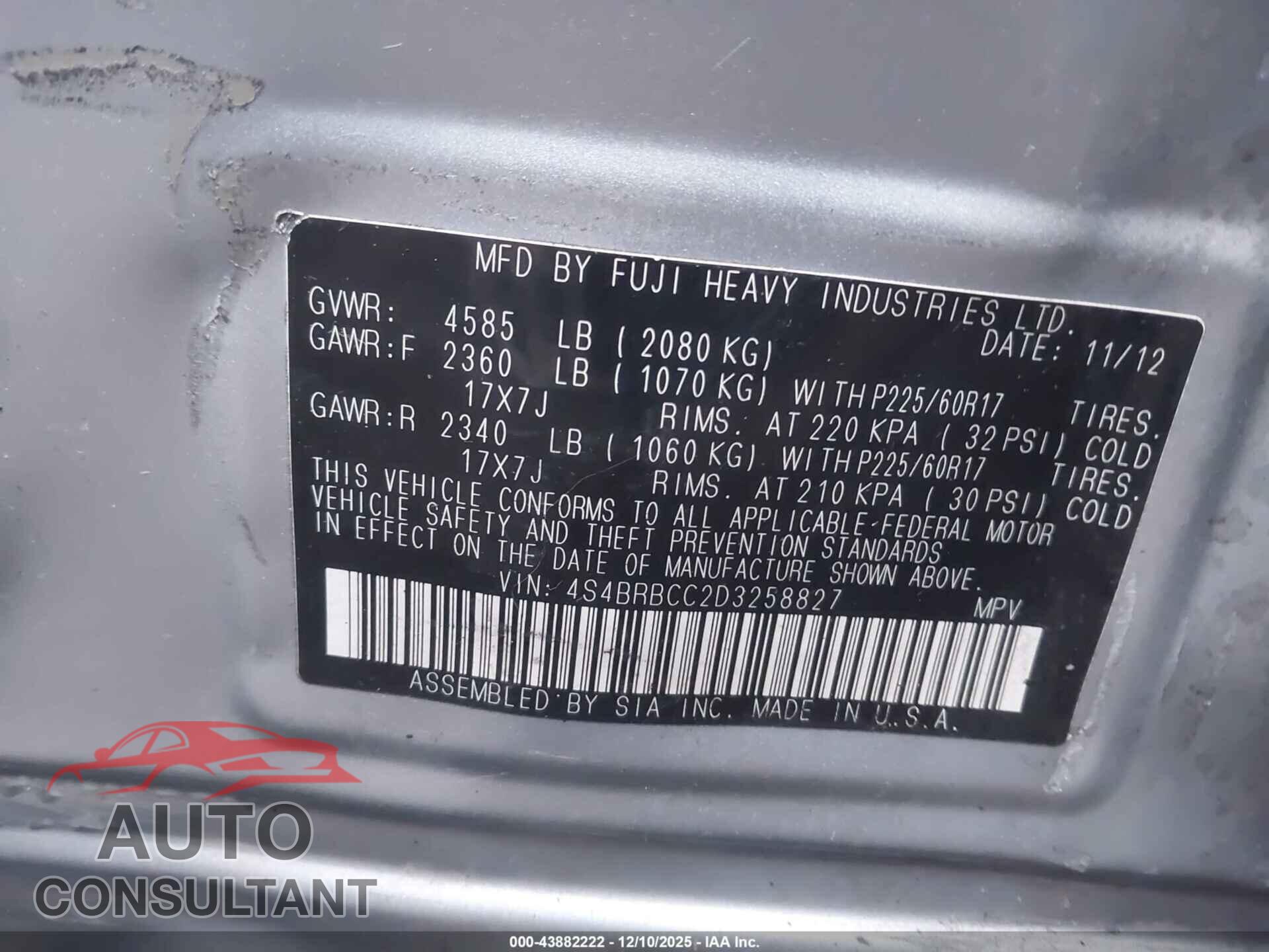 SUBARU OUTBACK 2013 - 4S4BRBCC2D3258827