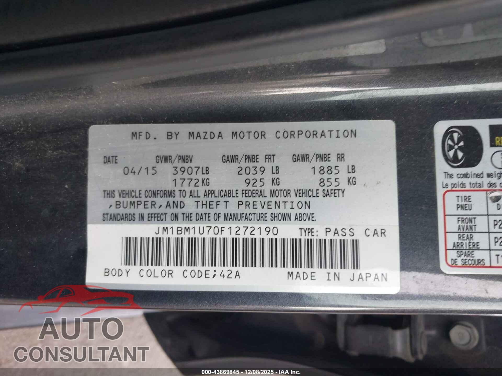MAZDA MAZDA3 2015 - JM1BM1U70F1272190