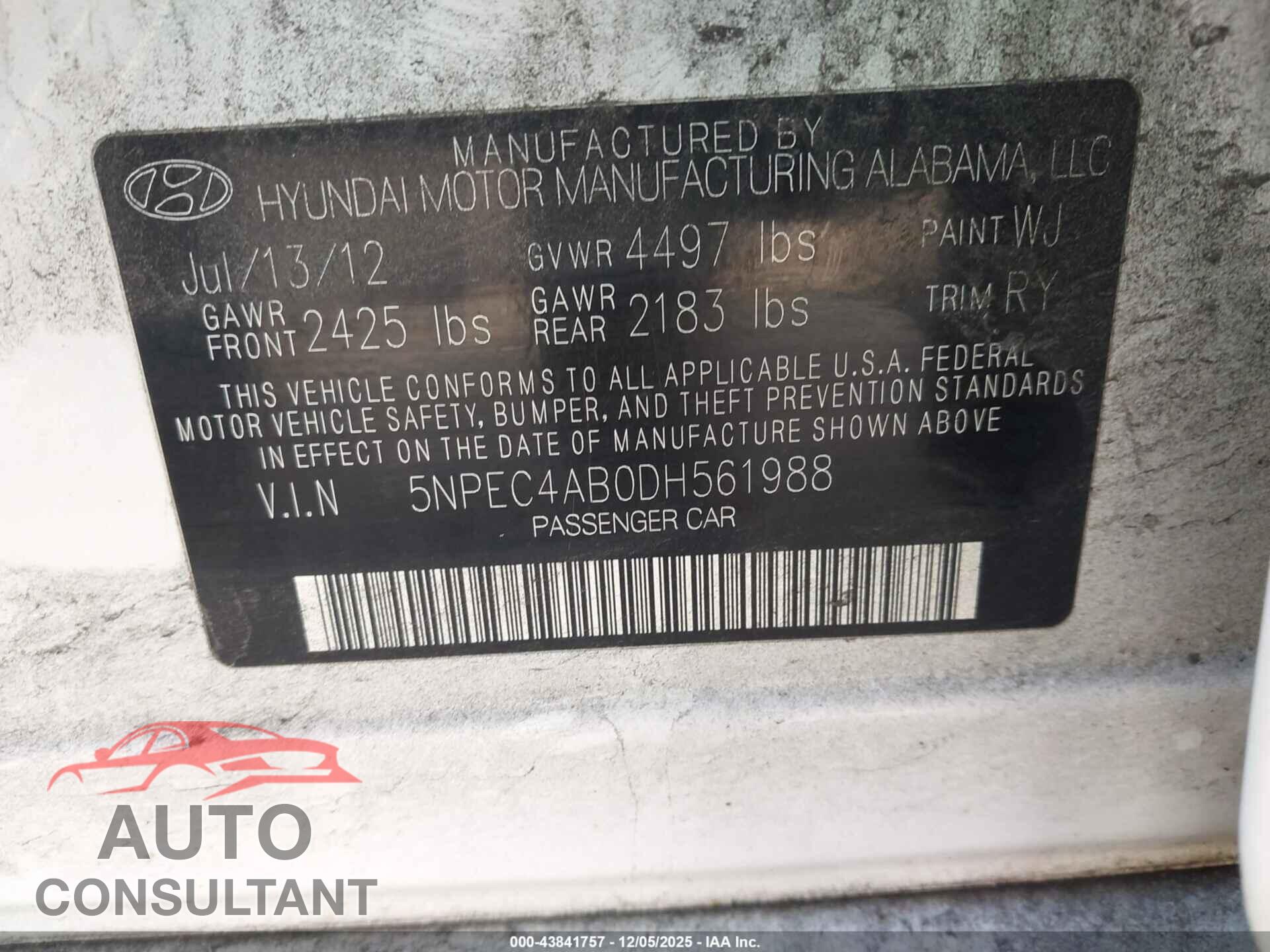 HYUNDAI SONATA 2013 - 5NPEC4AB0DH561988