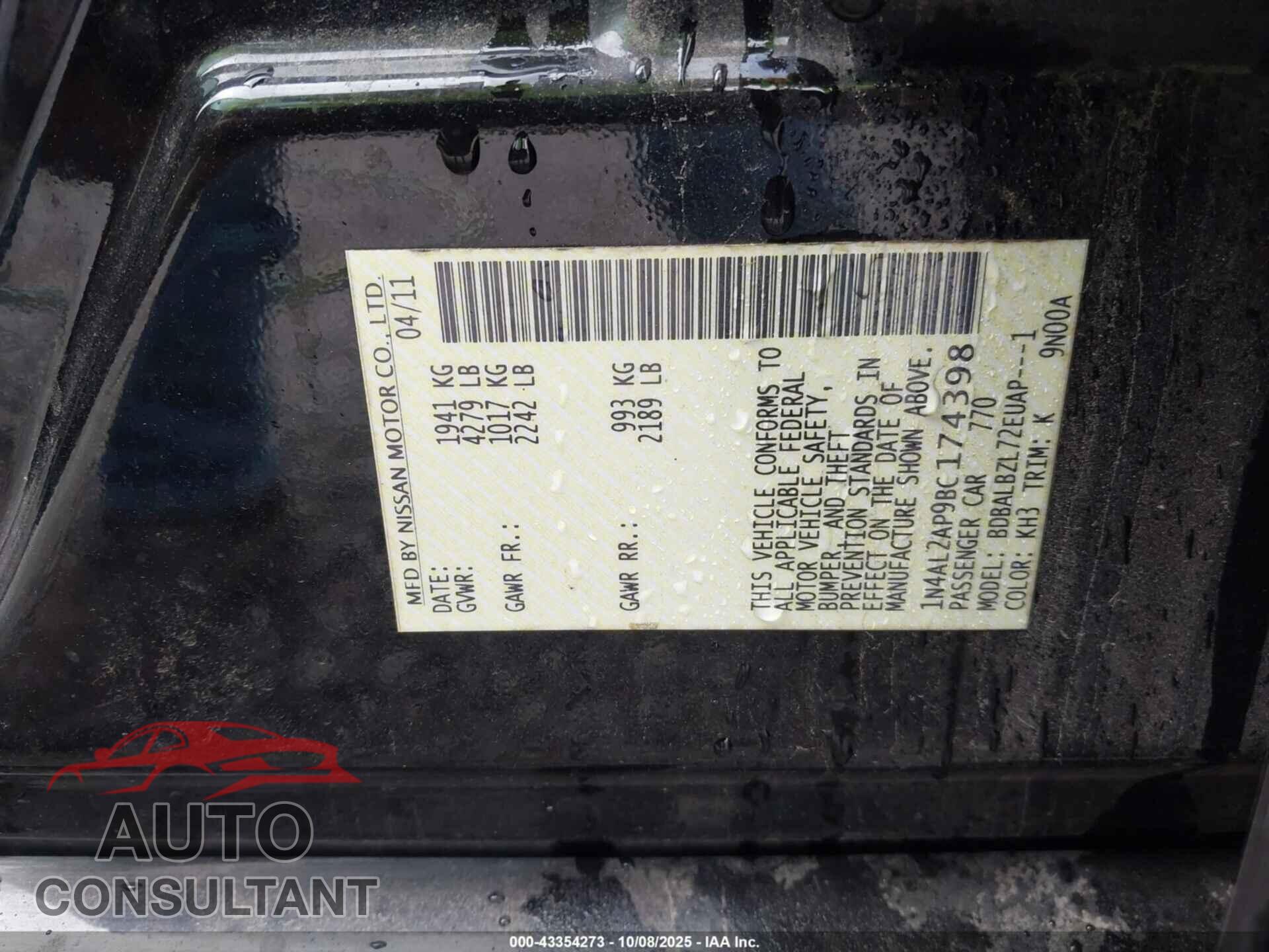 NISSAN ALTIMA 2011 - 1N4AL2AP9BC174398