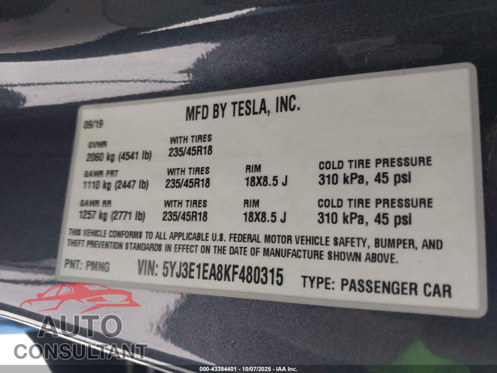 TESLA MODEL 3 2019 - 5YJ3E1EA8KF480315