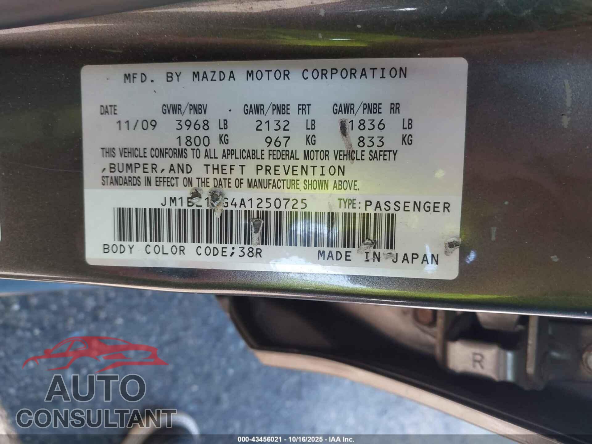 MAZDA 3 2010 - JM1BL1SG4A1250725