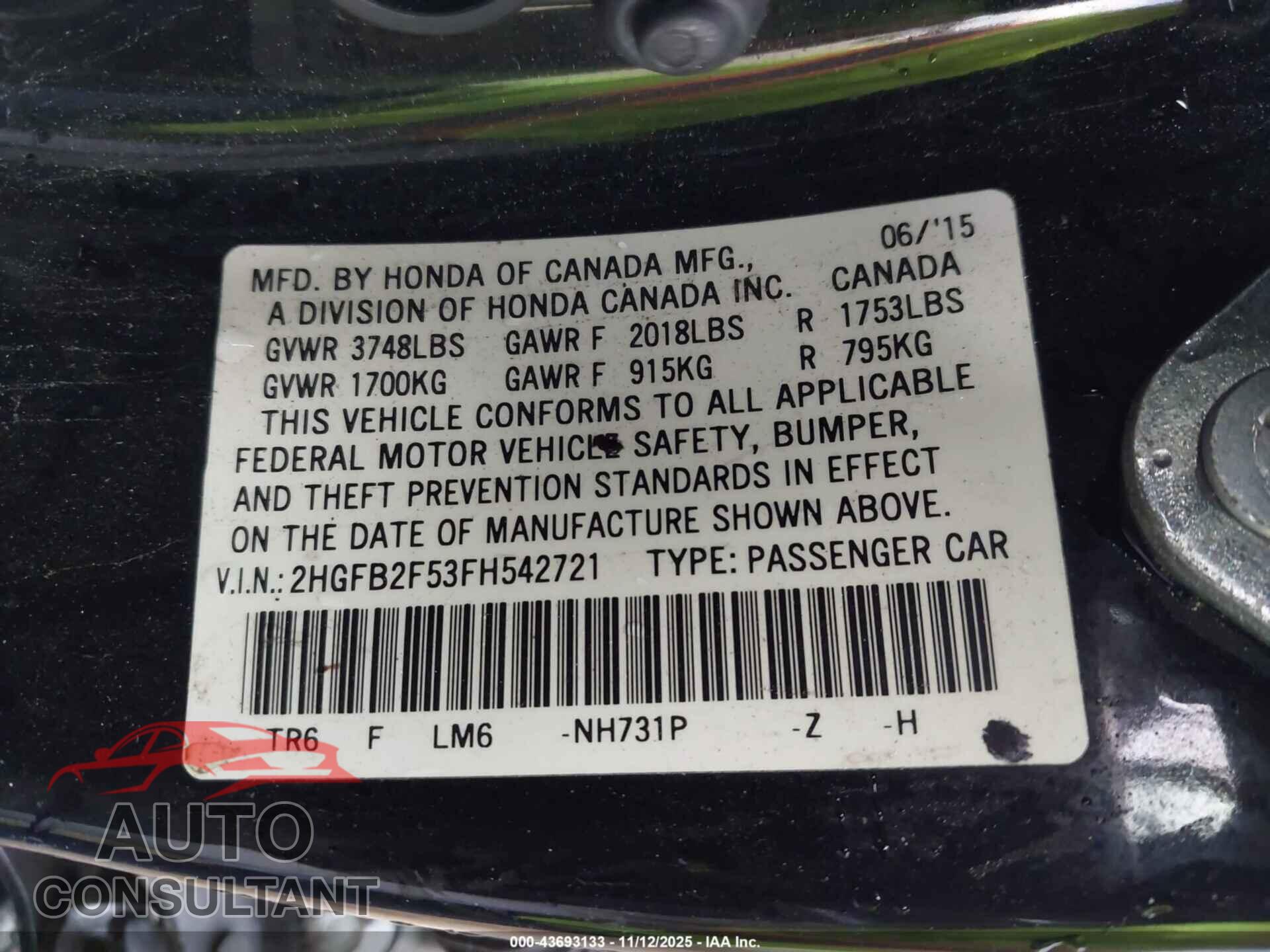 HONDA CIVIC 2015 - 2HGFB2F53FH542721
