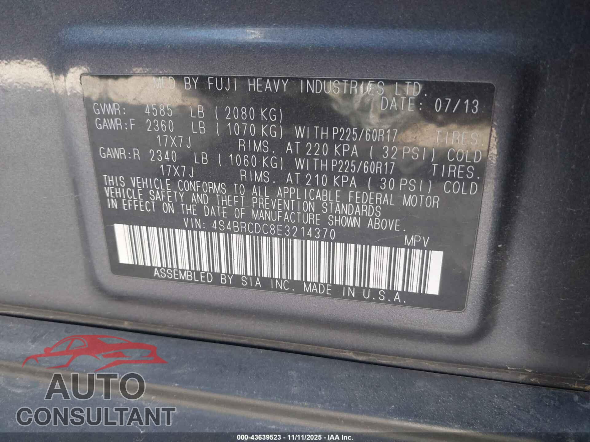 SUBARU OUTBACK 2014 - 4S4BRCDC8E3214370