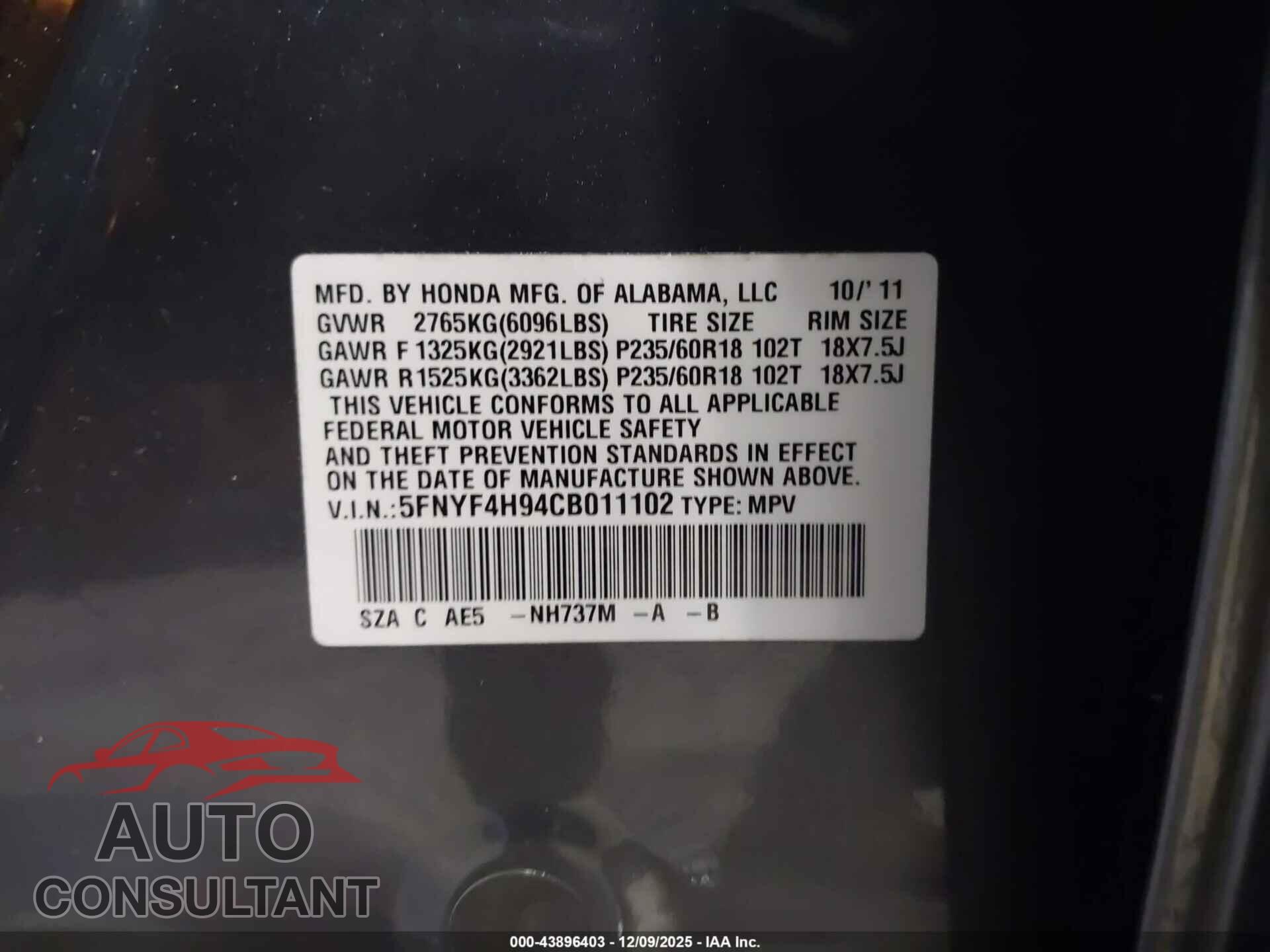 HONDA PILOT 2012 - 5FNYF4H94CB011102