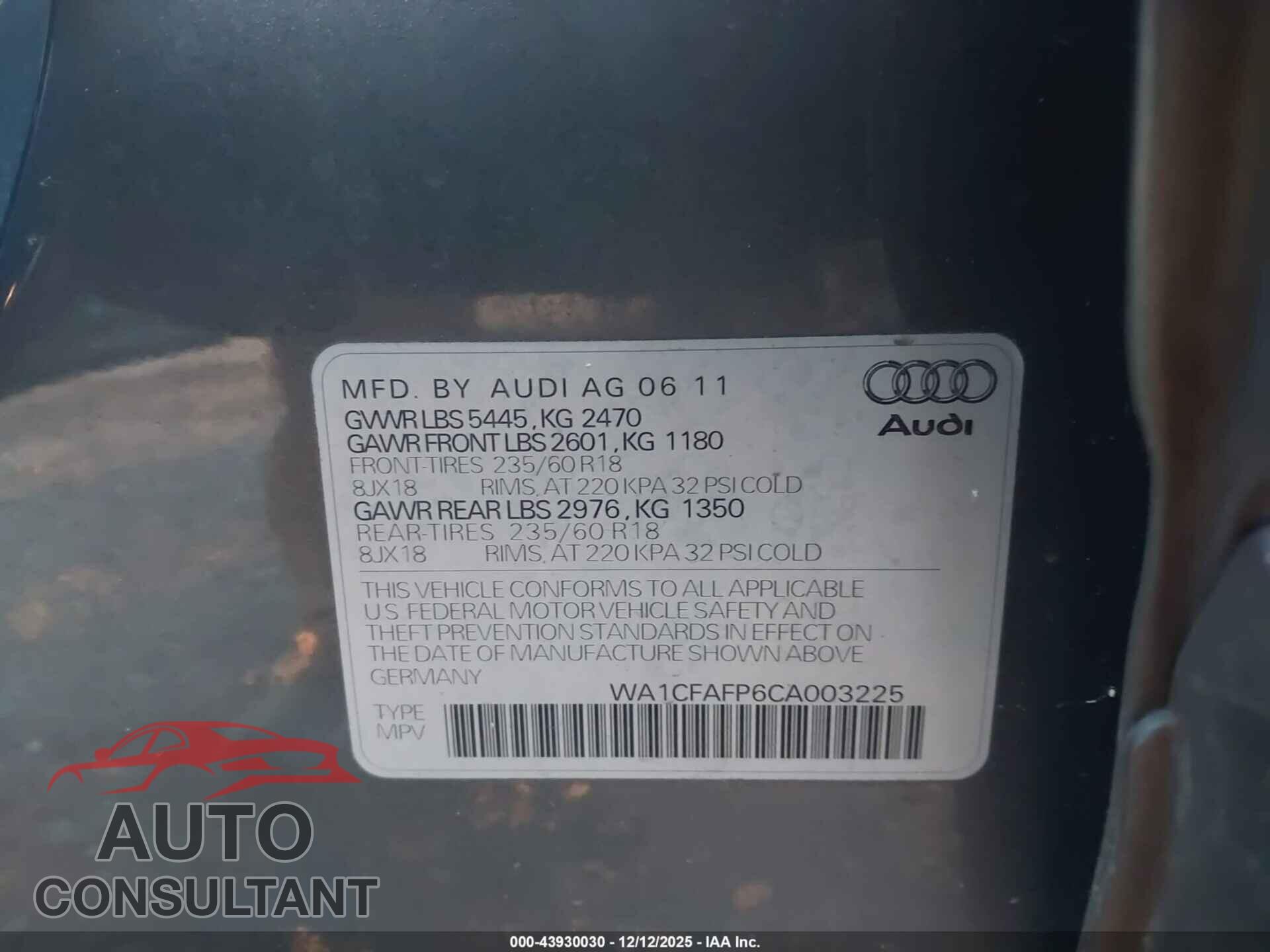 AUDI Q5 2012 - WA1CFAFP6CA003225