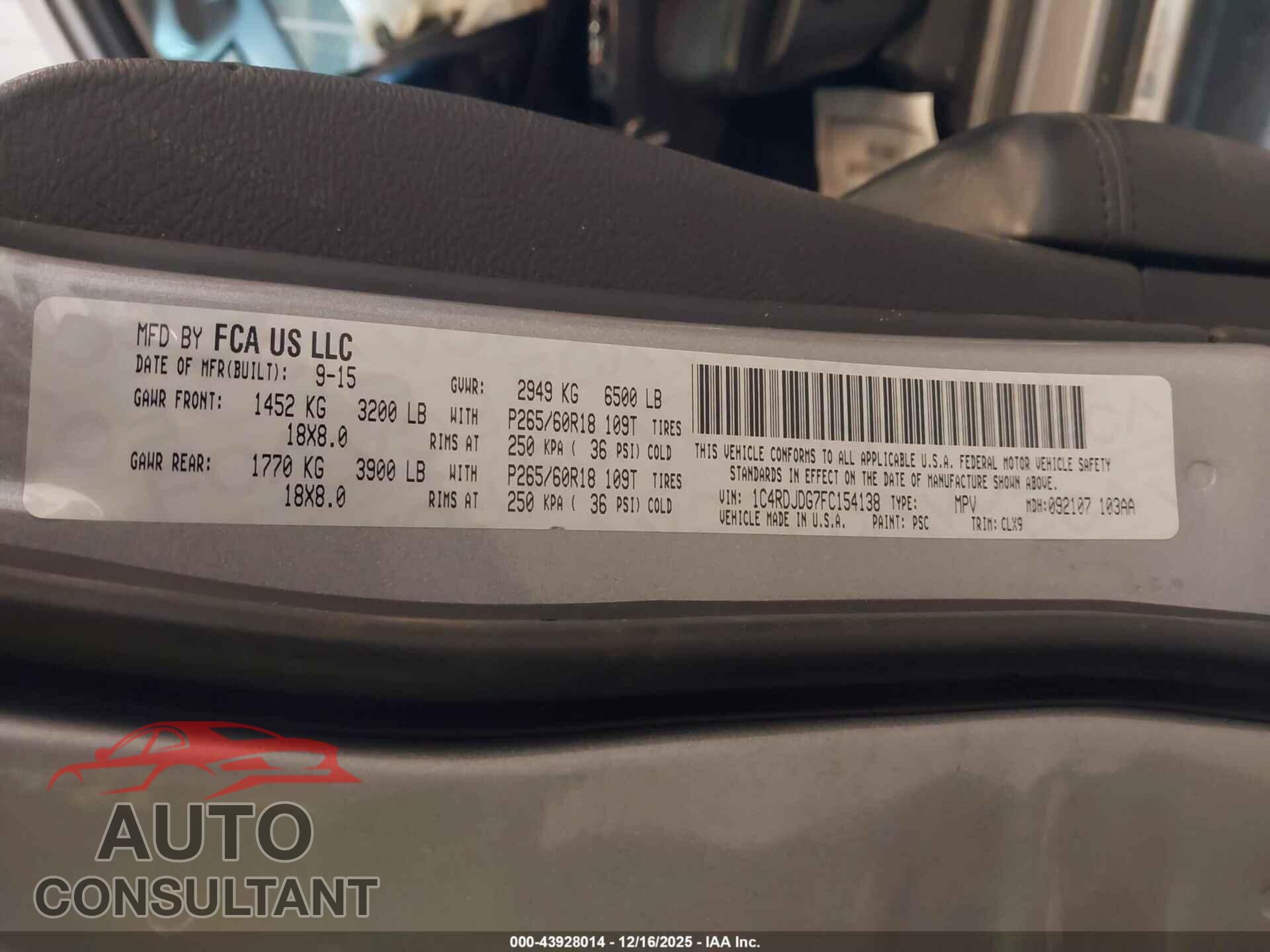 DODGE DURANGO 2015 - 1C4RDJDG7FC154138