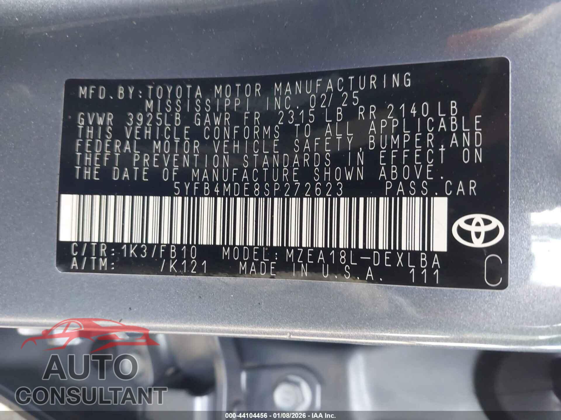 TOYOTA COROLLA 2025 - 5YFB4MDE8SP272623