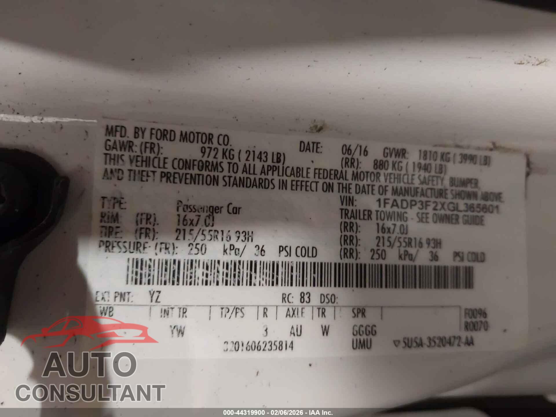 FORD FOCUS 2016 - 1FADP3F2XGL365601