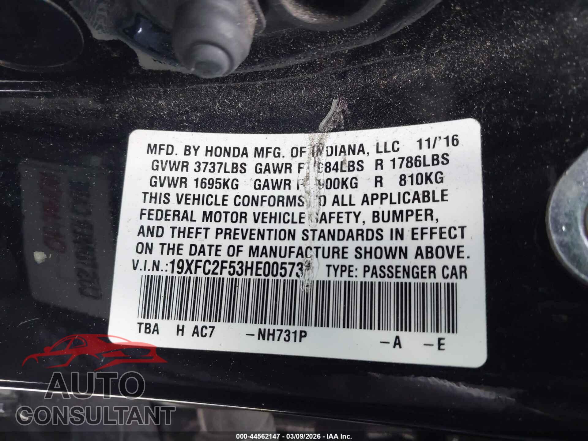 HONDA CIVIC 2017 - 19XFC2F53HE005731