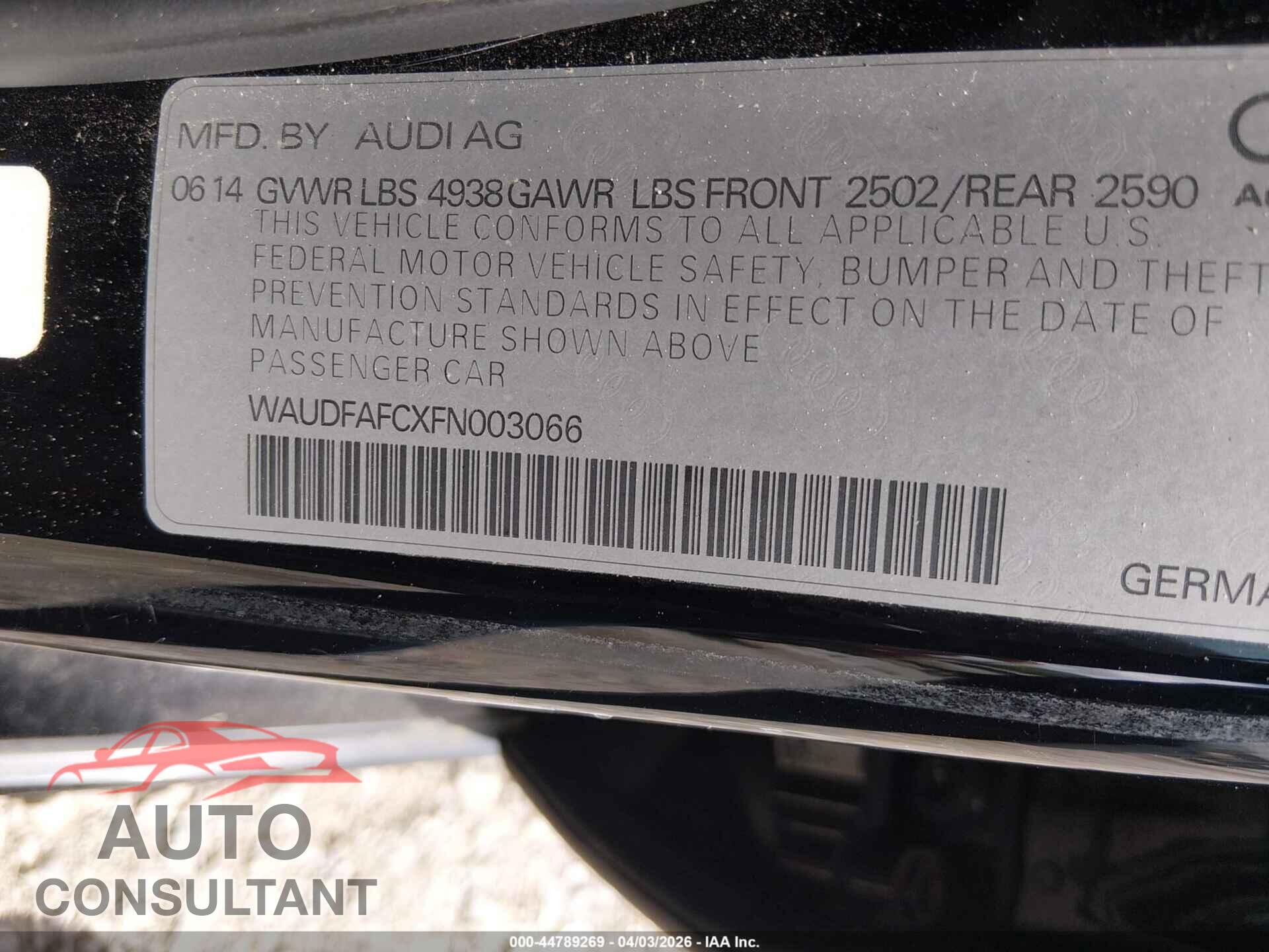 AUDI A6 2015 - WAUDFAFCXFN003066