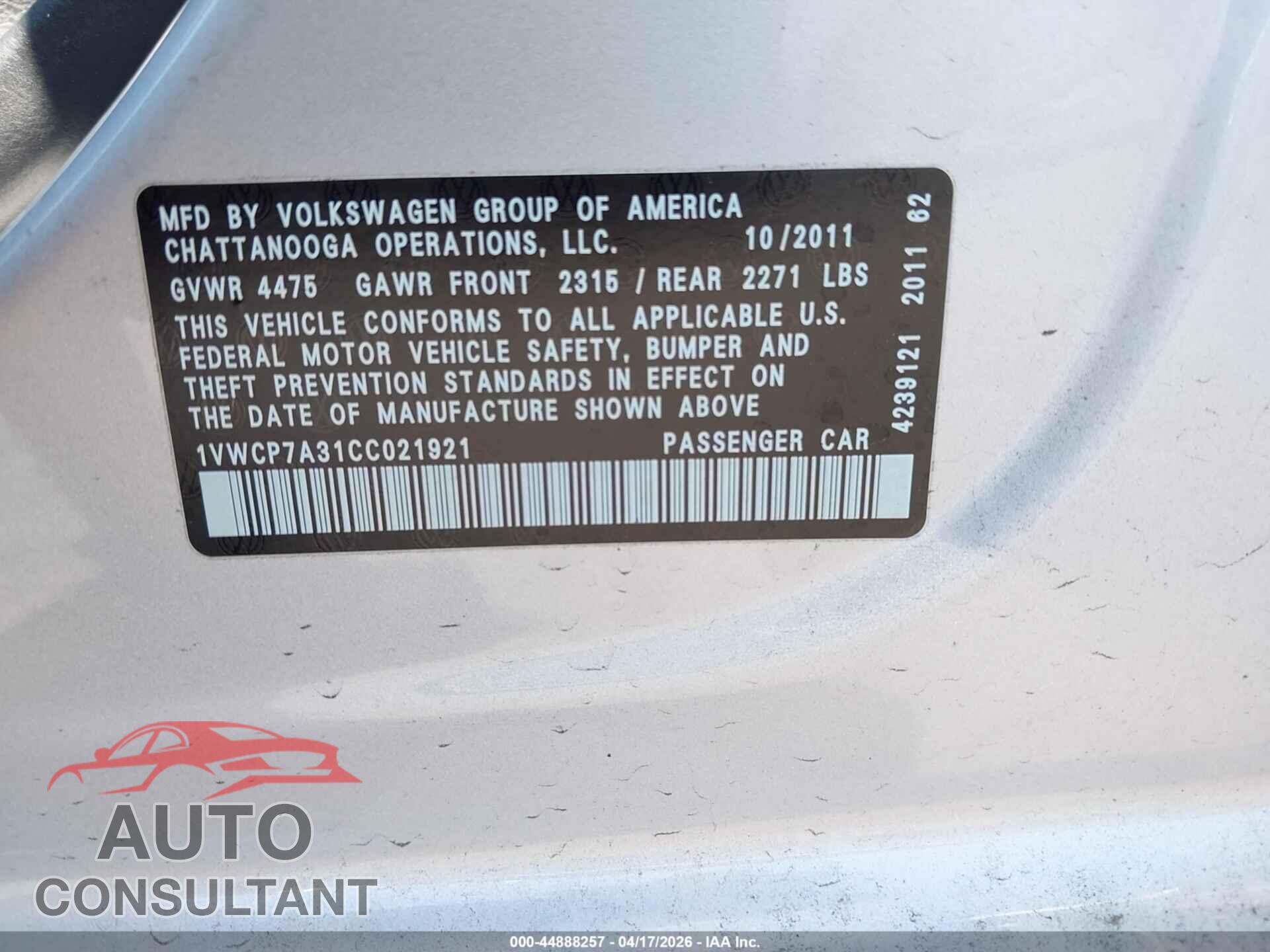VOLKSWAGEN PASSAT 2012 - 1VWCP7A31CC021921