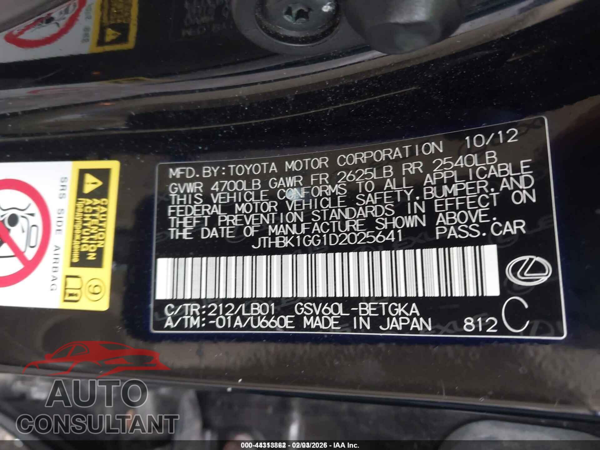 LEXUS ES 350 2013 - JTHBK1GG1D2025641
