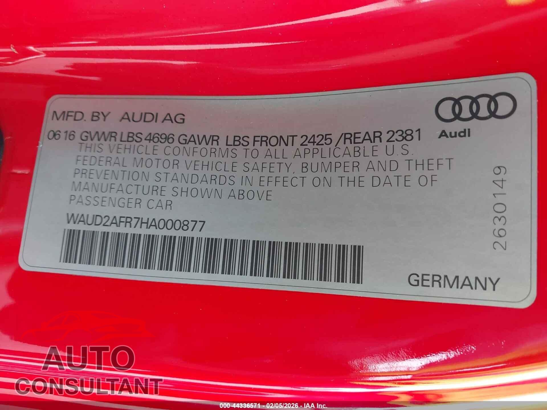 AUDI A5 2017 - WAUD2AFR7HA000877