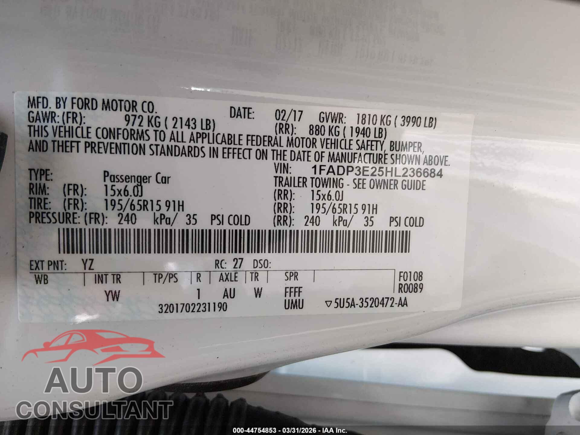 FORD FOCUS 2017 - 1FADP3E25HL236684