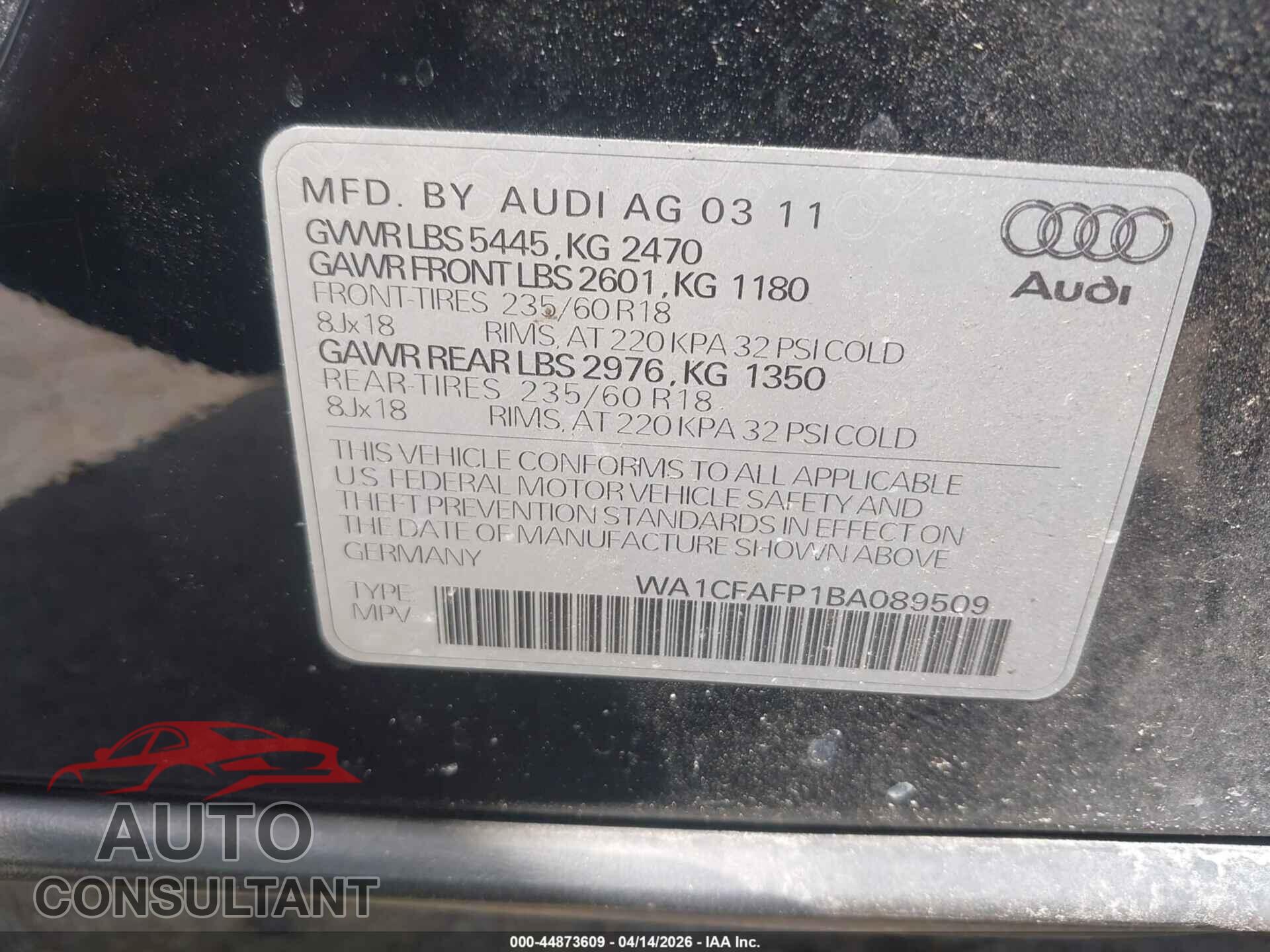 AUDI Q5 2011 - WA1CFAFP1BA089509