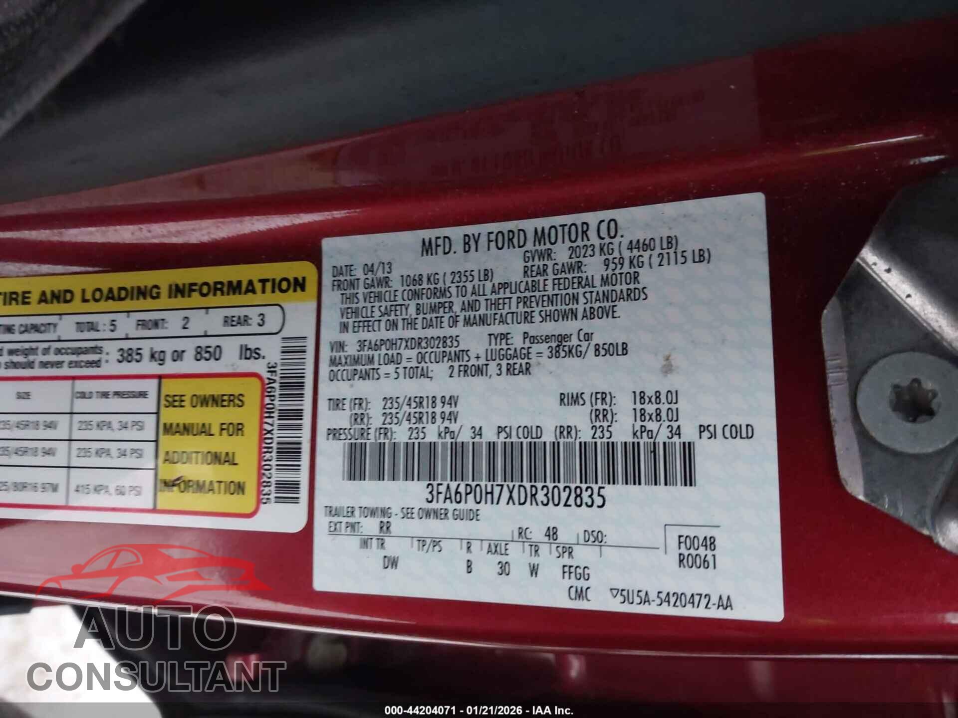 FORD FUSION 2013 - 3FA6P0H7XDR302835