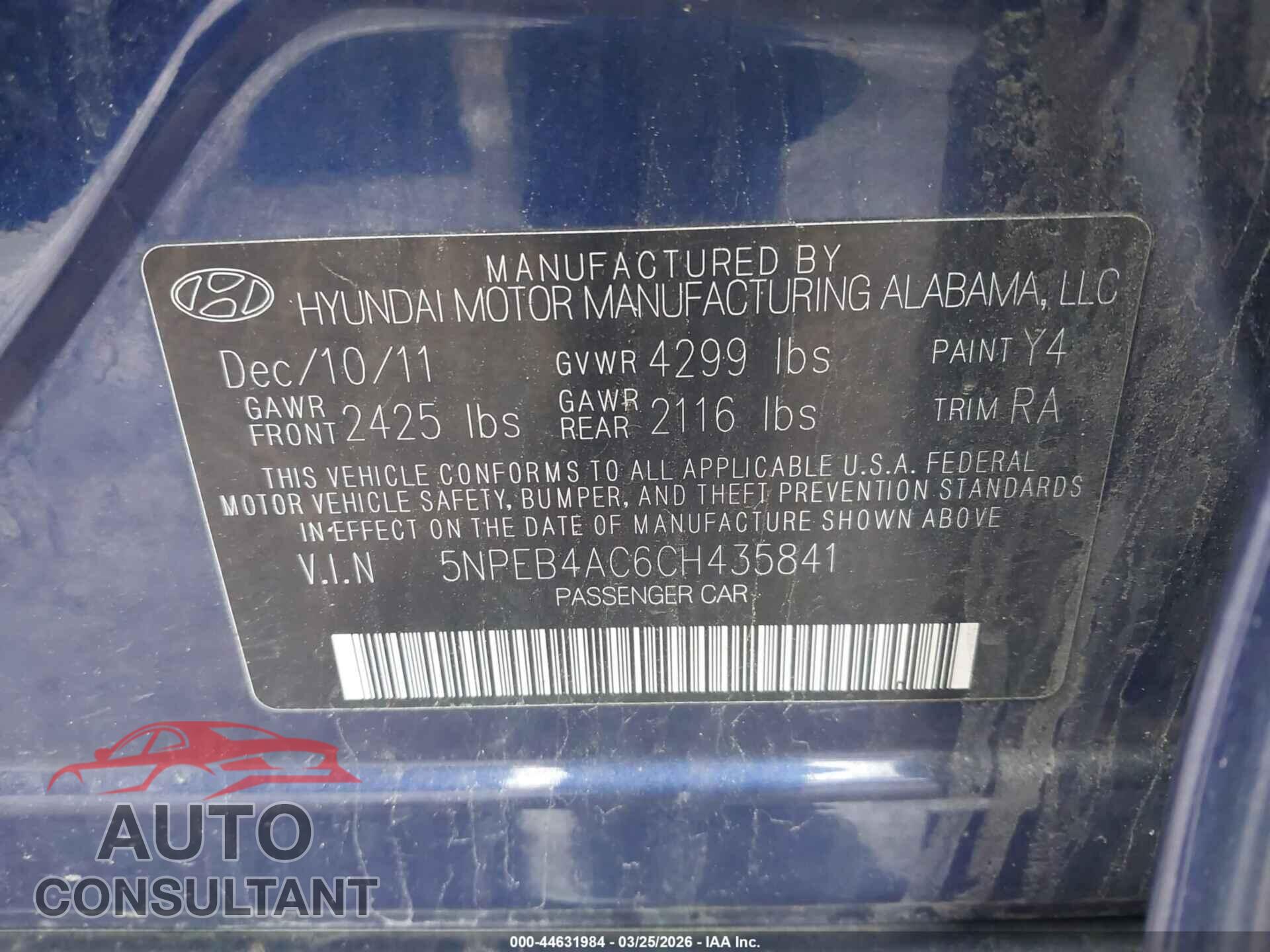 HYUNDAI SONATA 2012 - 5NPEB4AC6CH435841