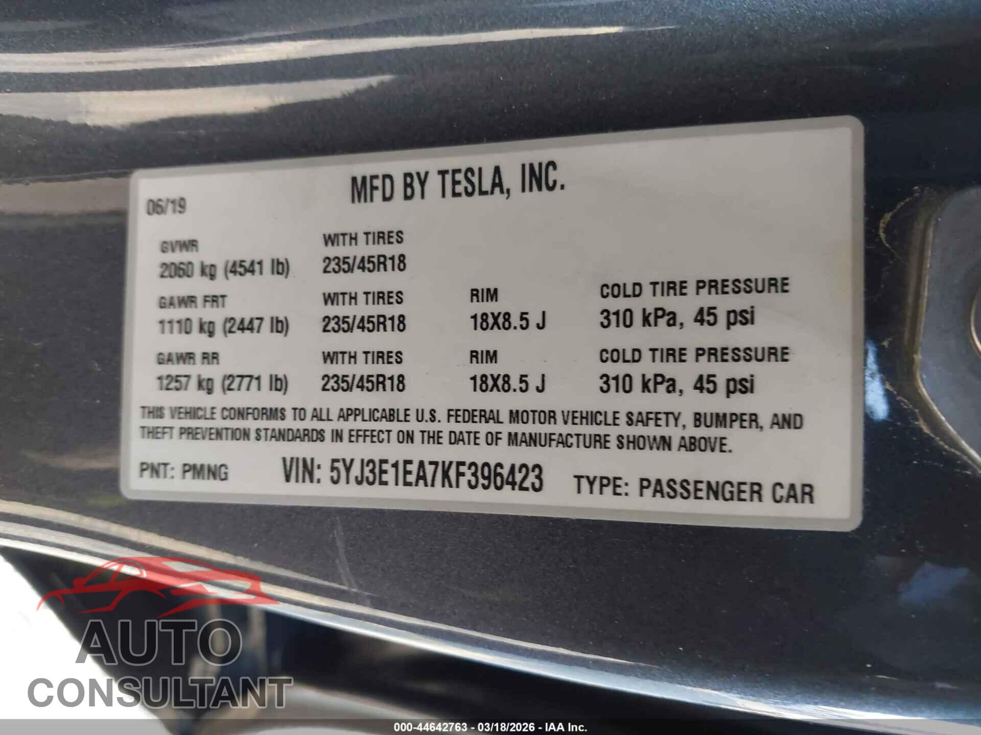 TESLA MODEL 3 2019 - 5YJ3E1EA7KF396423