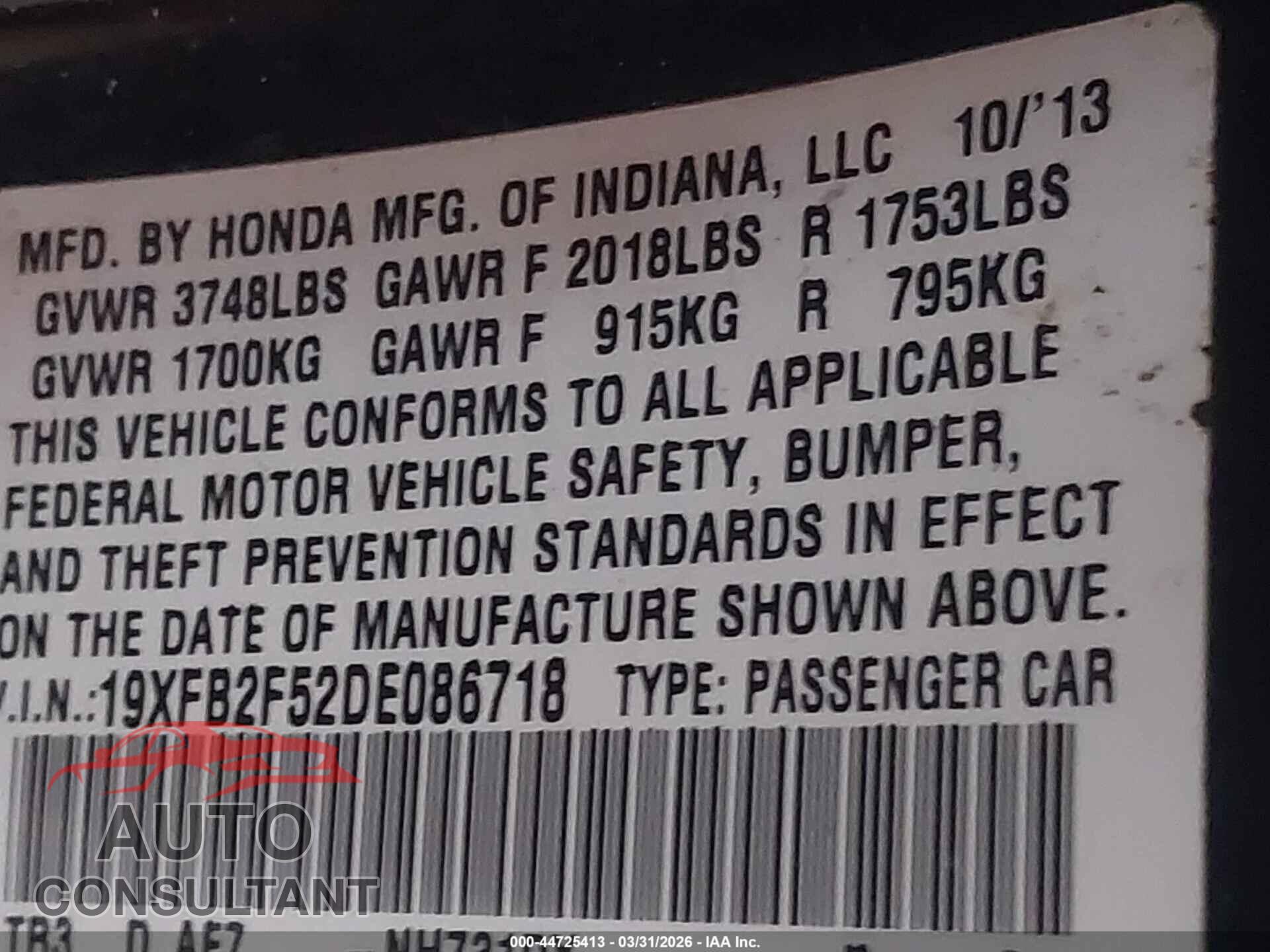 HONDA CIVIC 2013 - 19XFB2F52DE086718