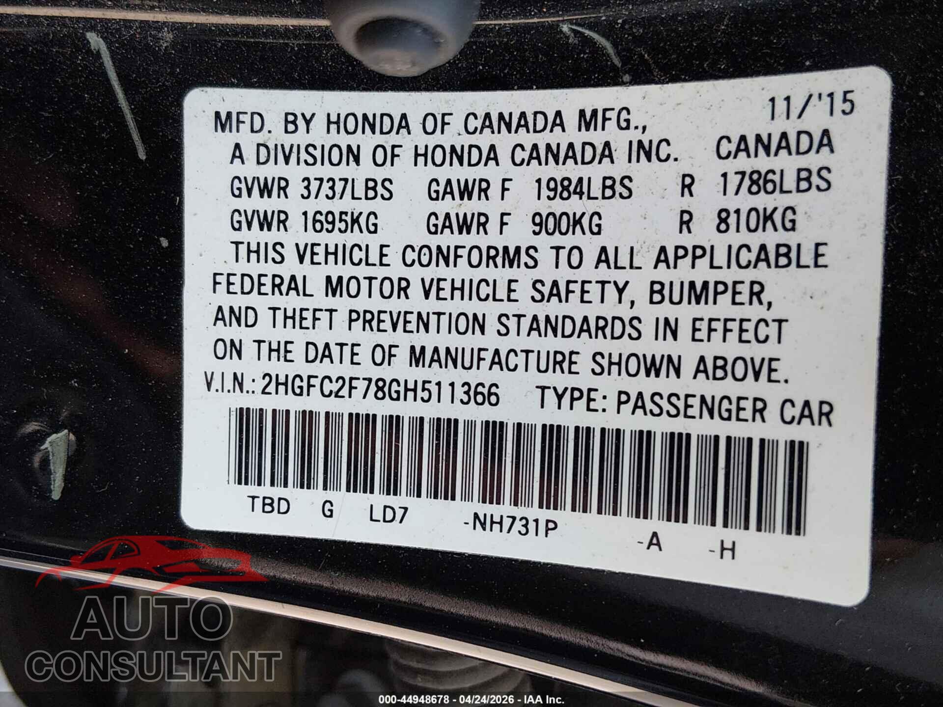 HONDA CIVIC 2016 - 2HGFC2F78GH511366